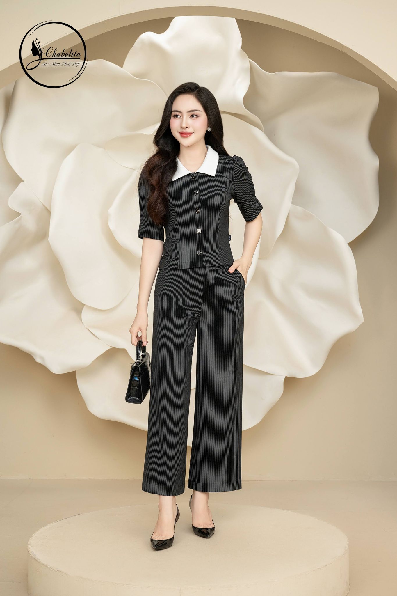 Sét bộ áo sơ mi tay lỡ phối cổ kẻ đen