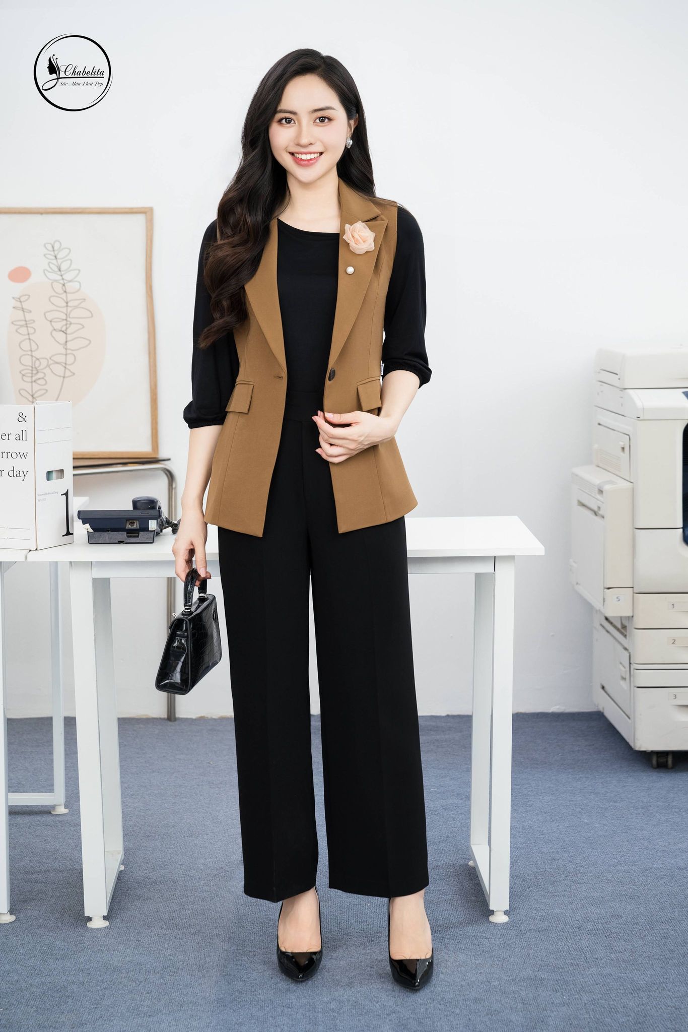 Áo gile dáng dài màu nâu