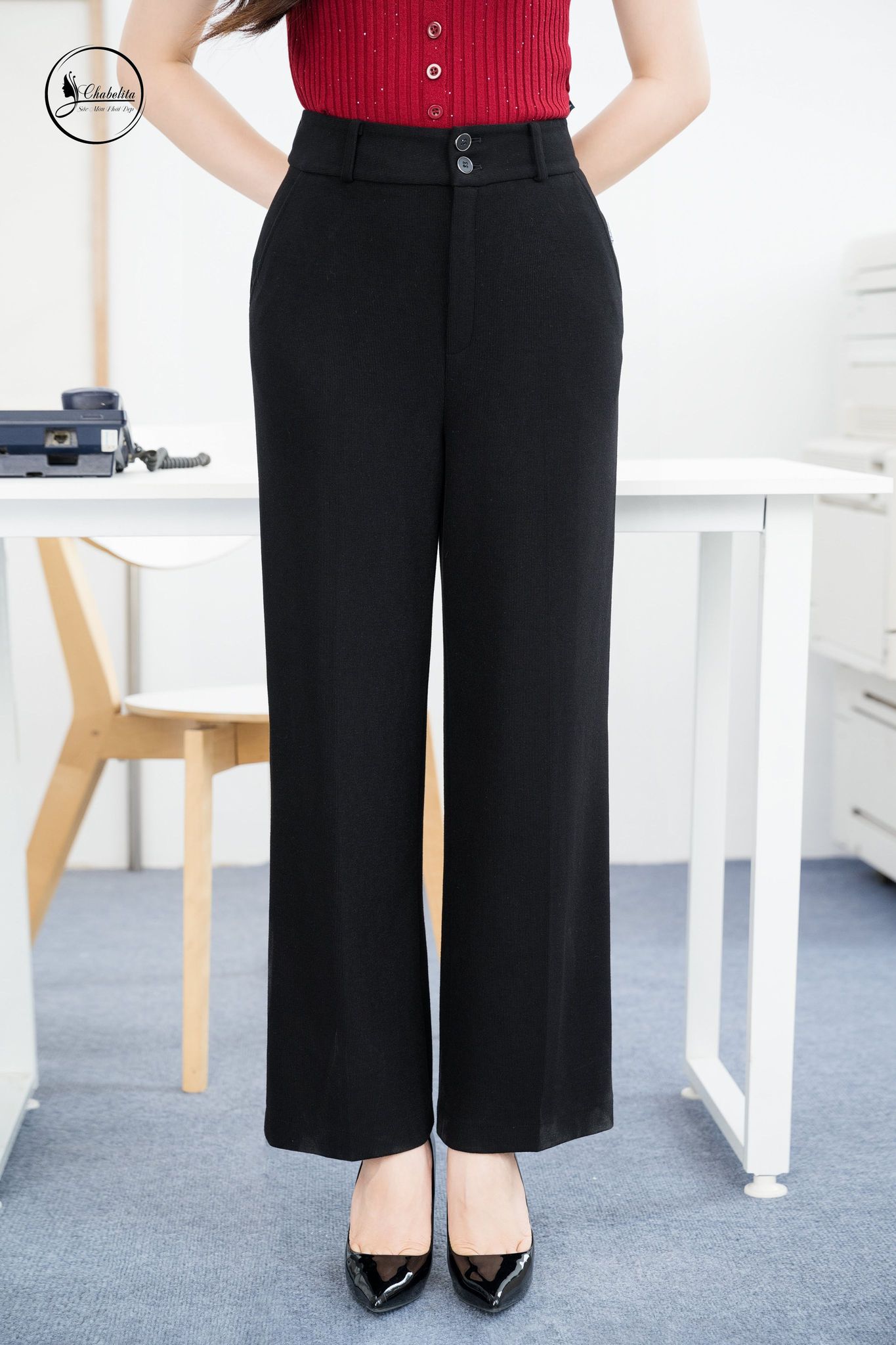 Quần nhung ống suông màu đen