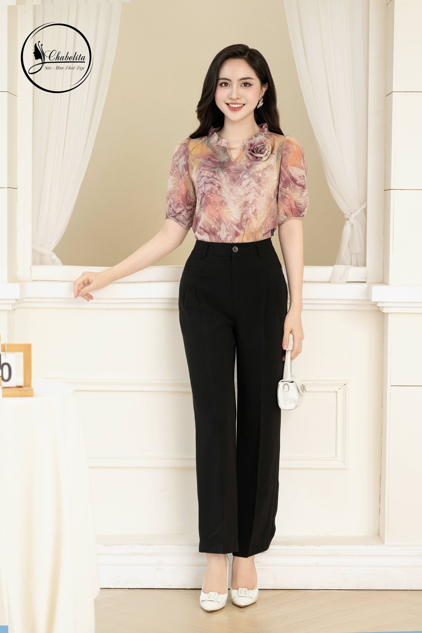 Áo sơ mi hoa cổ bèo phối hoa màu tím