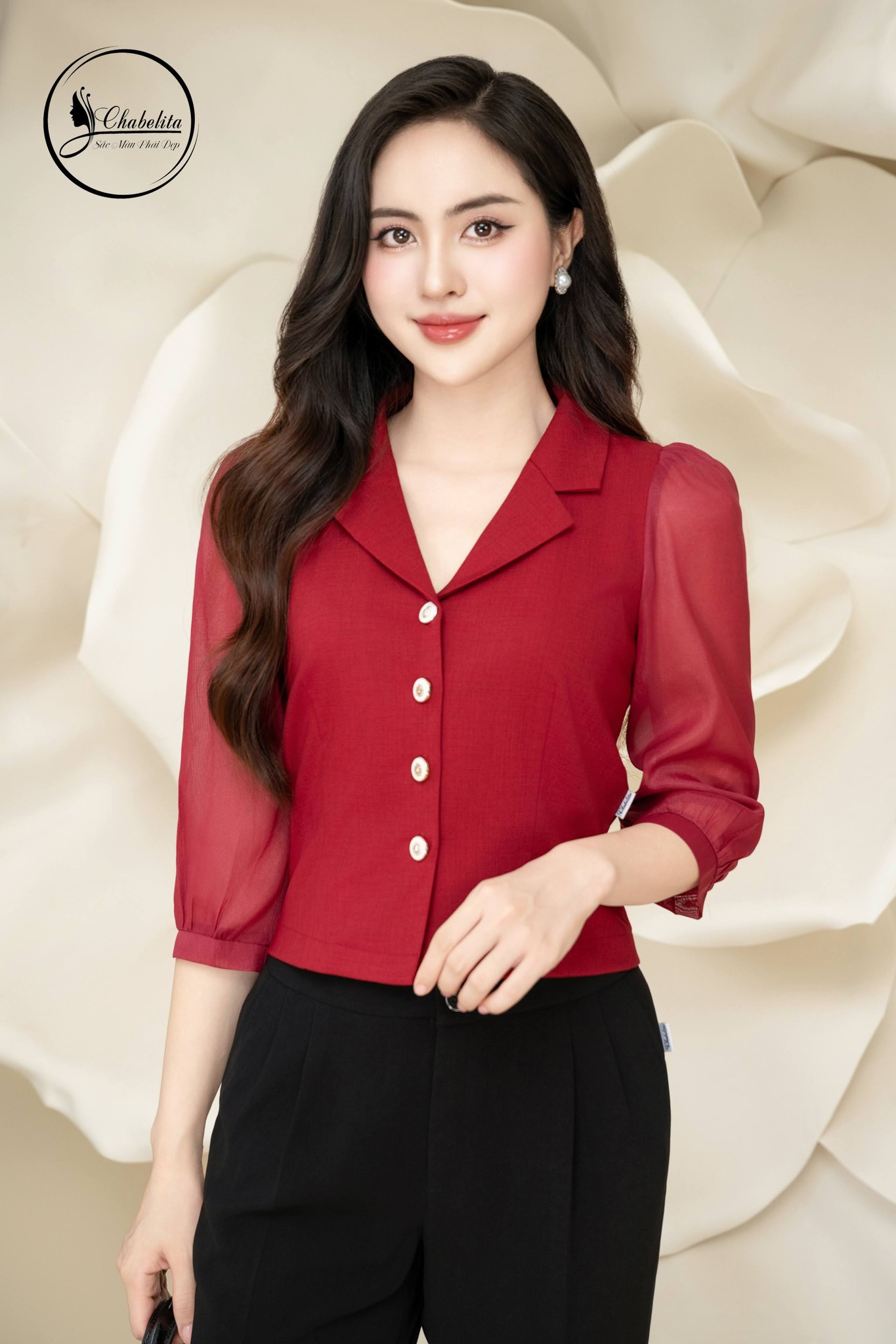 Áo sơ mi cổ vest tay phối voan tơ màu đỏ