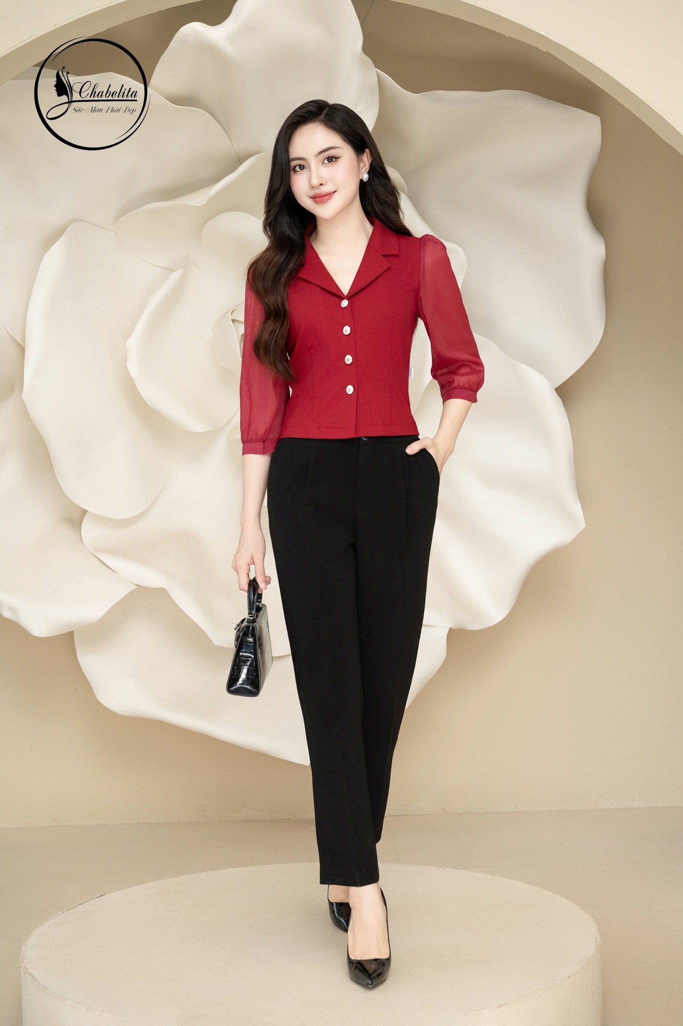 Áo sơ mi cổ vest tay phối voan tơ màu đỏ