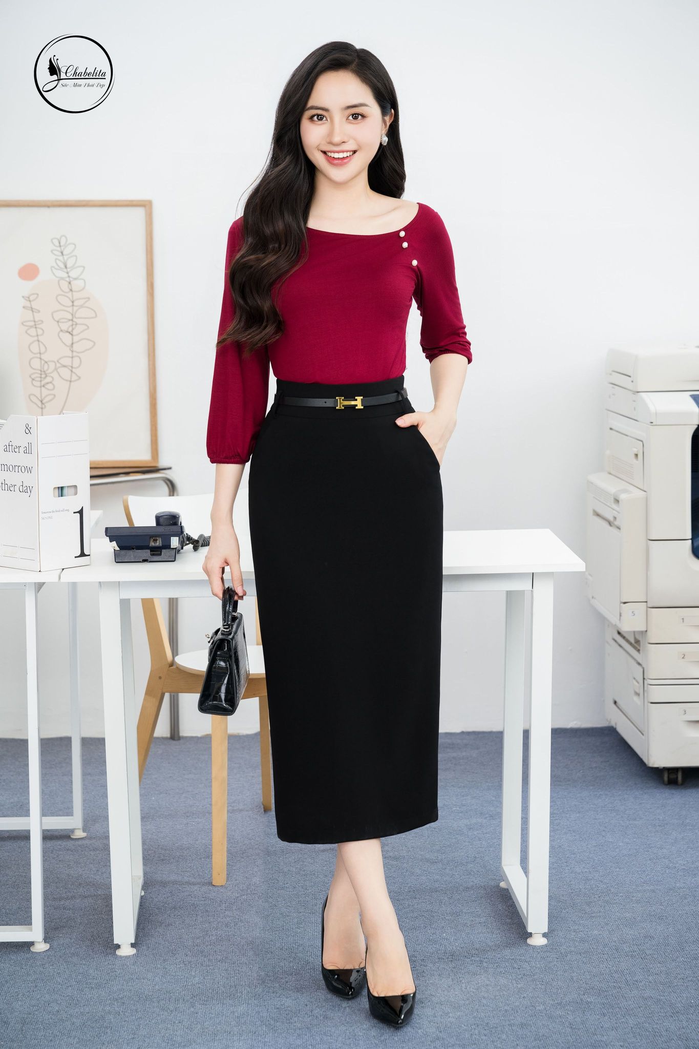 Áo thun tay dài trễ vai màu đỏ