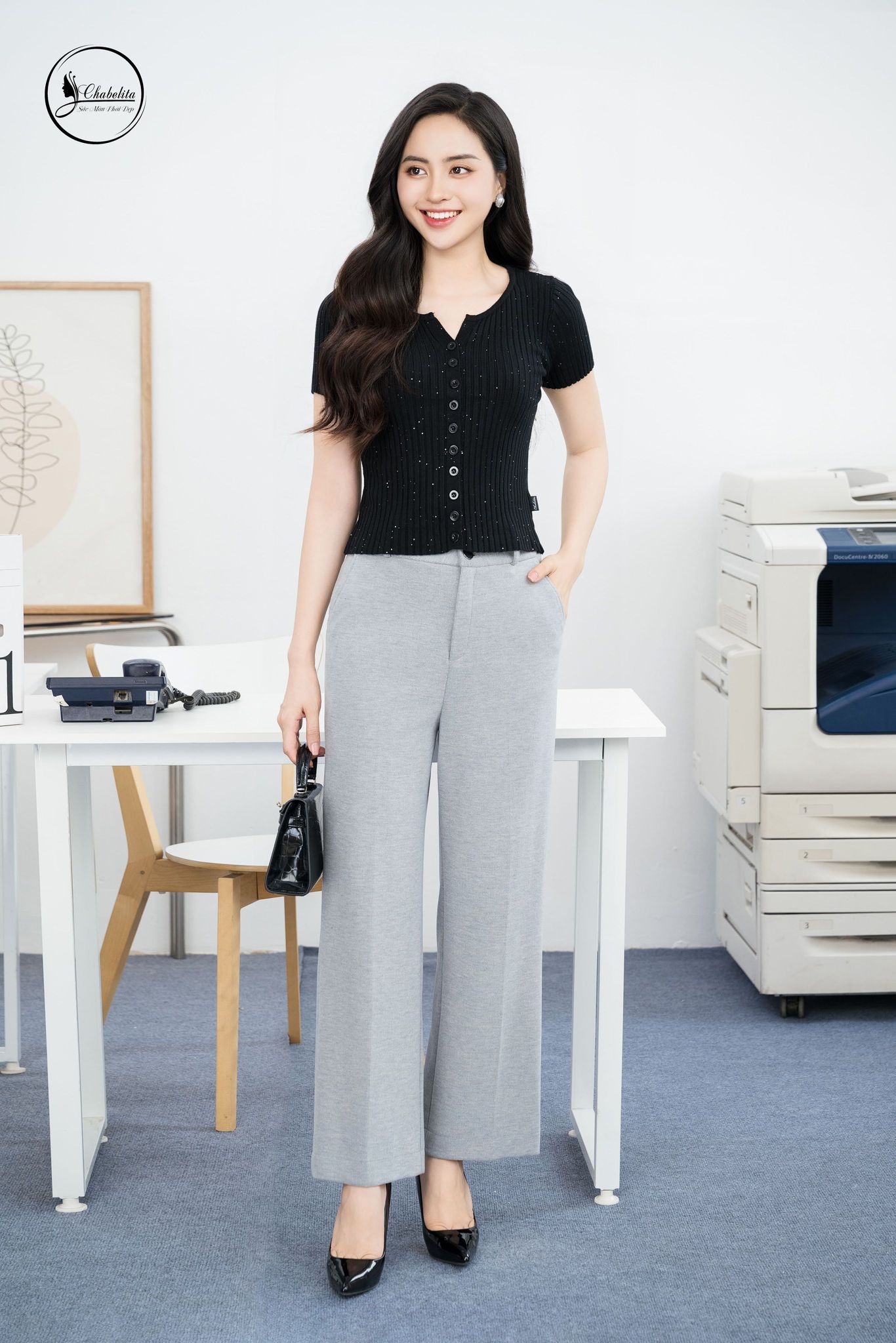 Quần nhung ống suông màu ghi