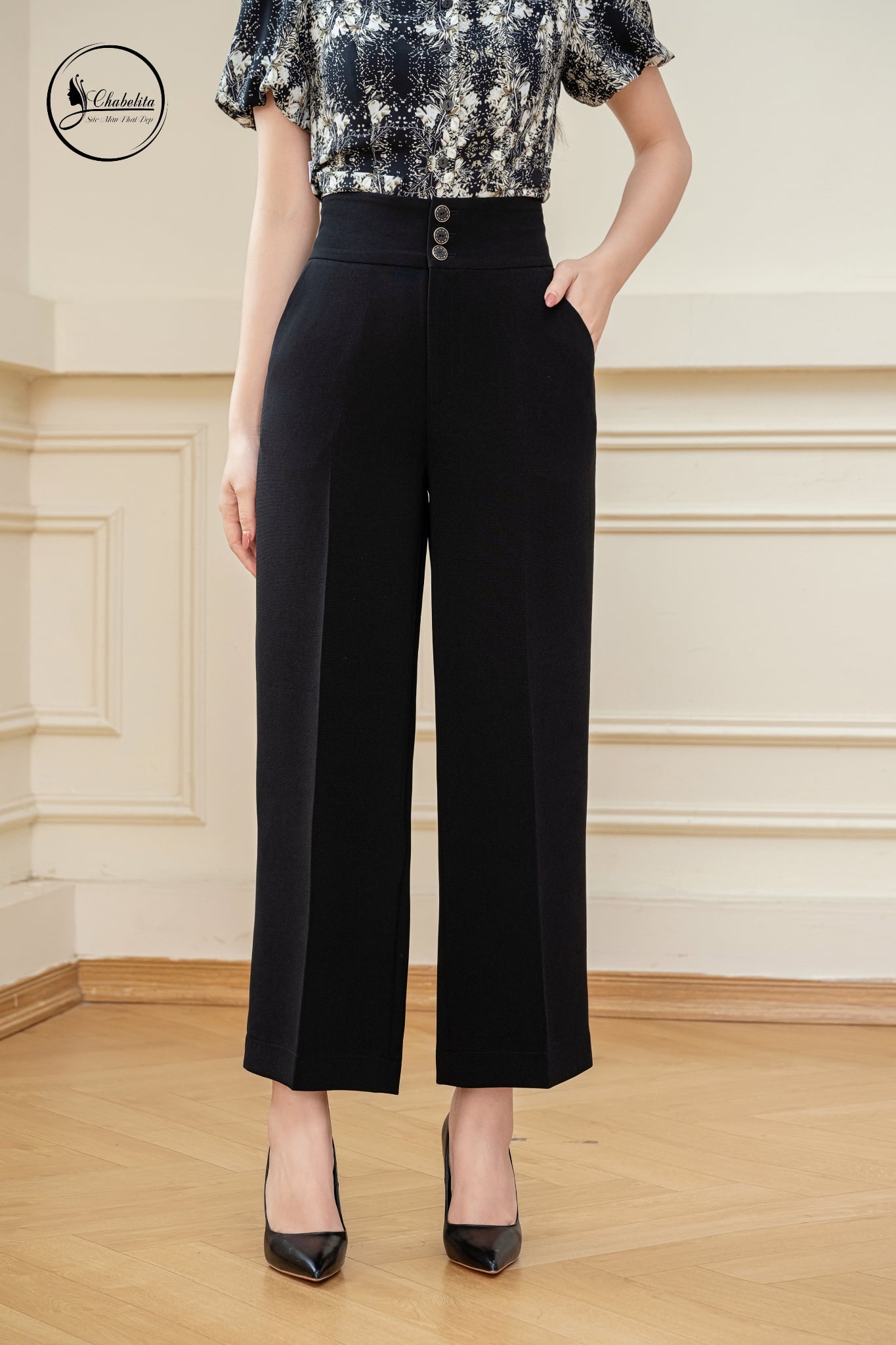 Quần suông cạp 3 khuy màu đen