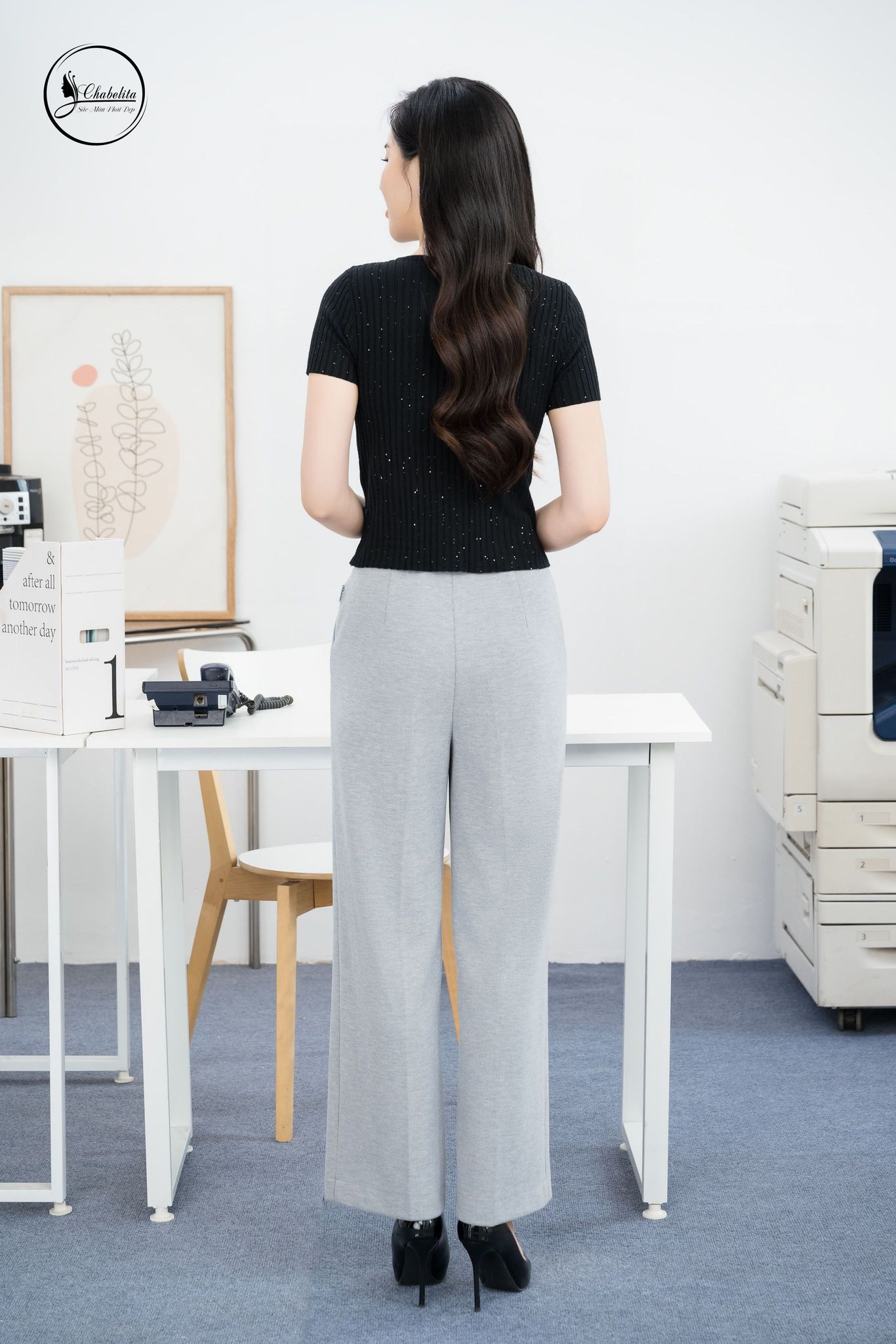 Quần nhung ống suông màu ghi