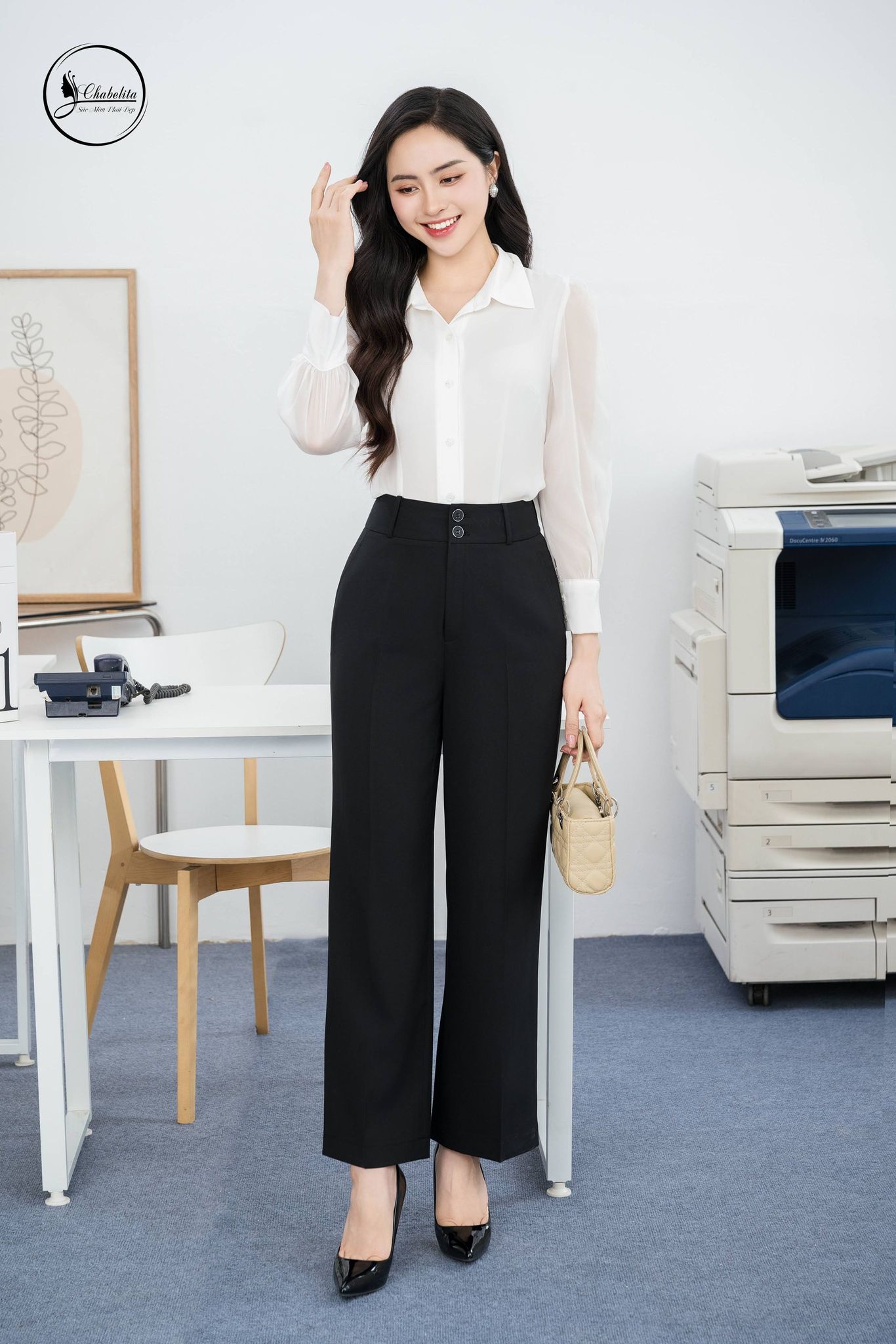 Áo sơ mi dài tay phối voan tơ màu trắng