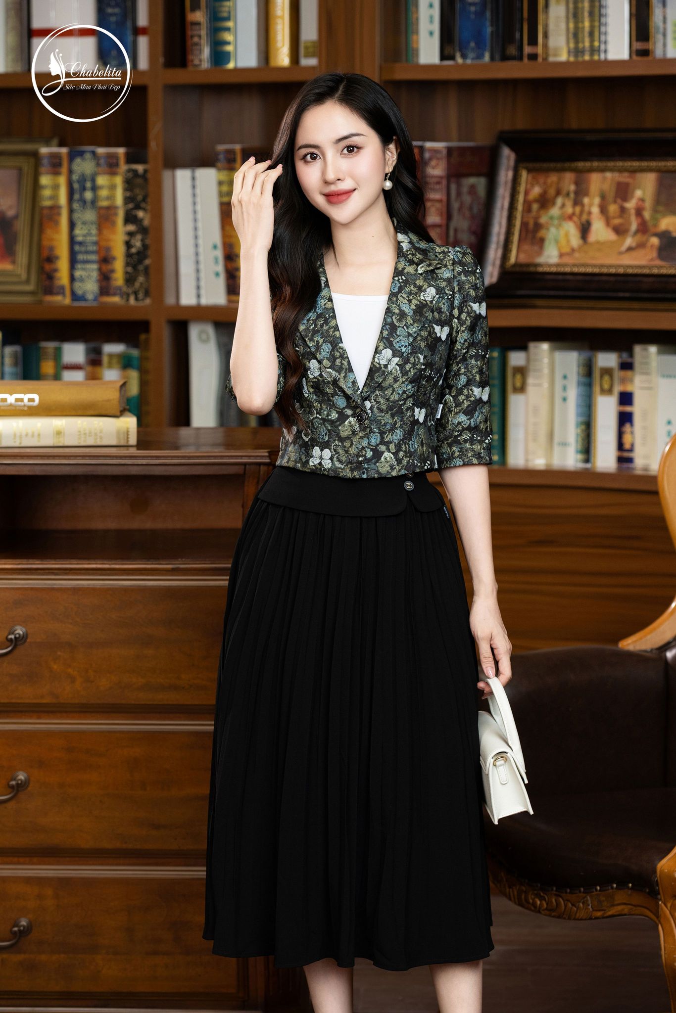 Áo vest gấm hoa dài tay màu ghi