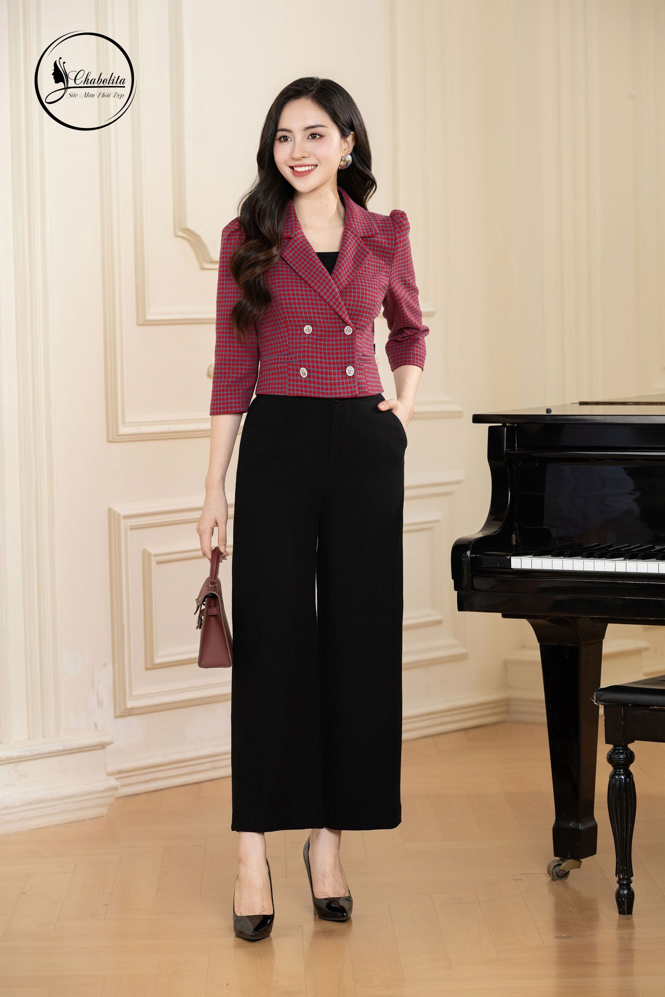 Áo vest nhung 4 khuy kẻ đỏ