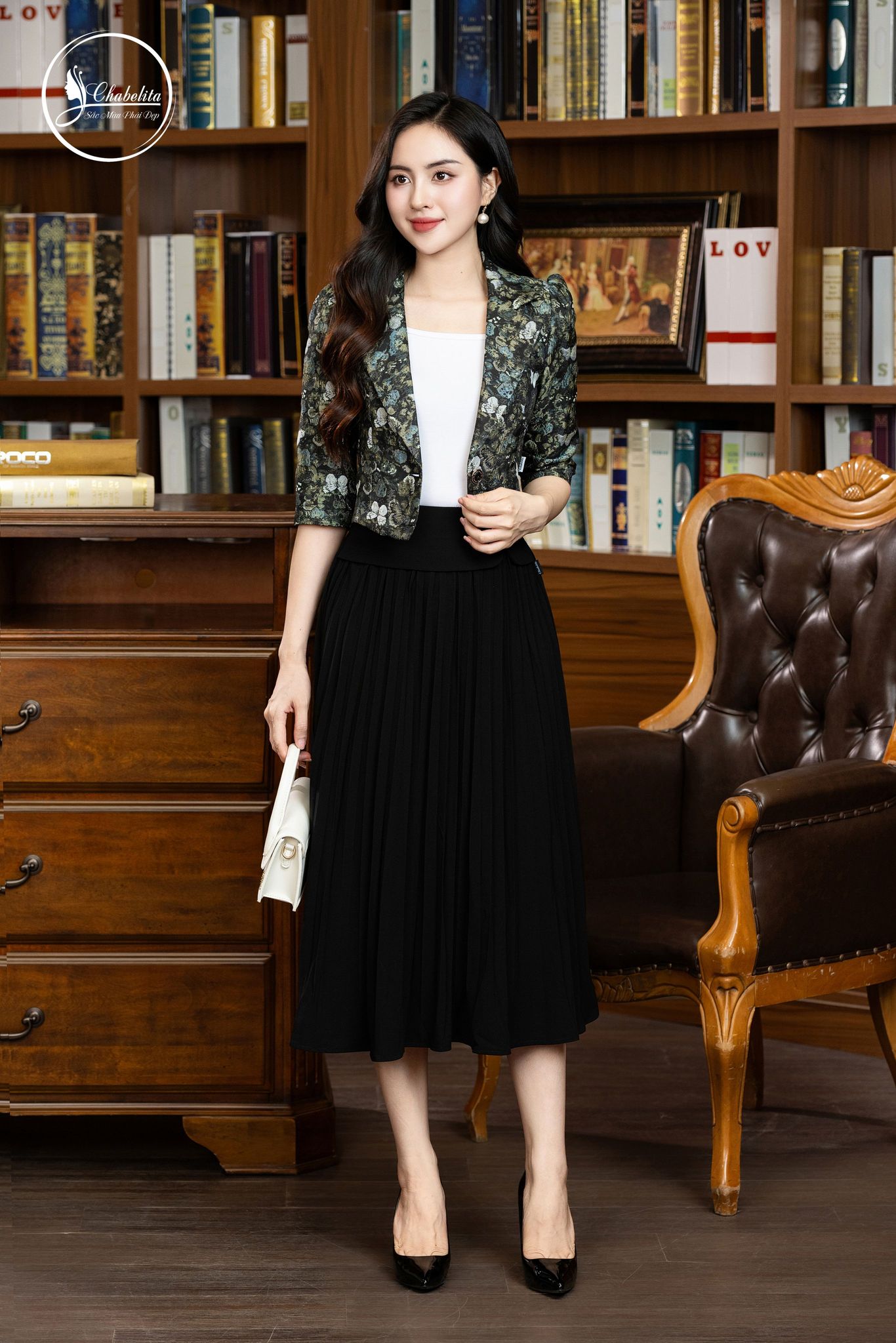 Áo vest gấm hoa dài tay màu ghi