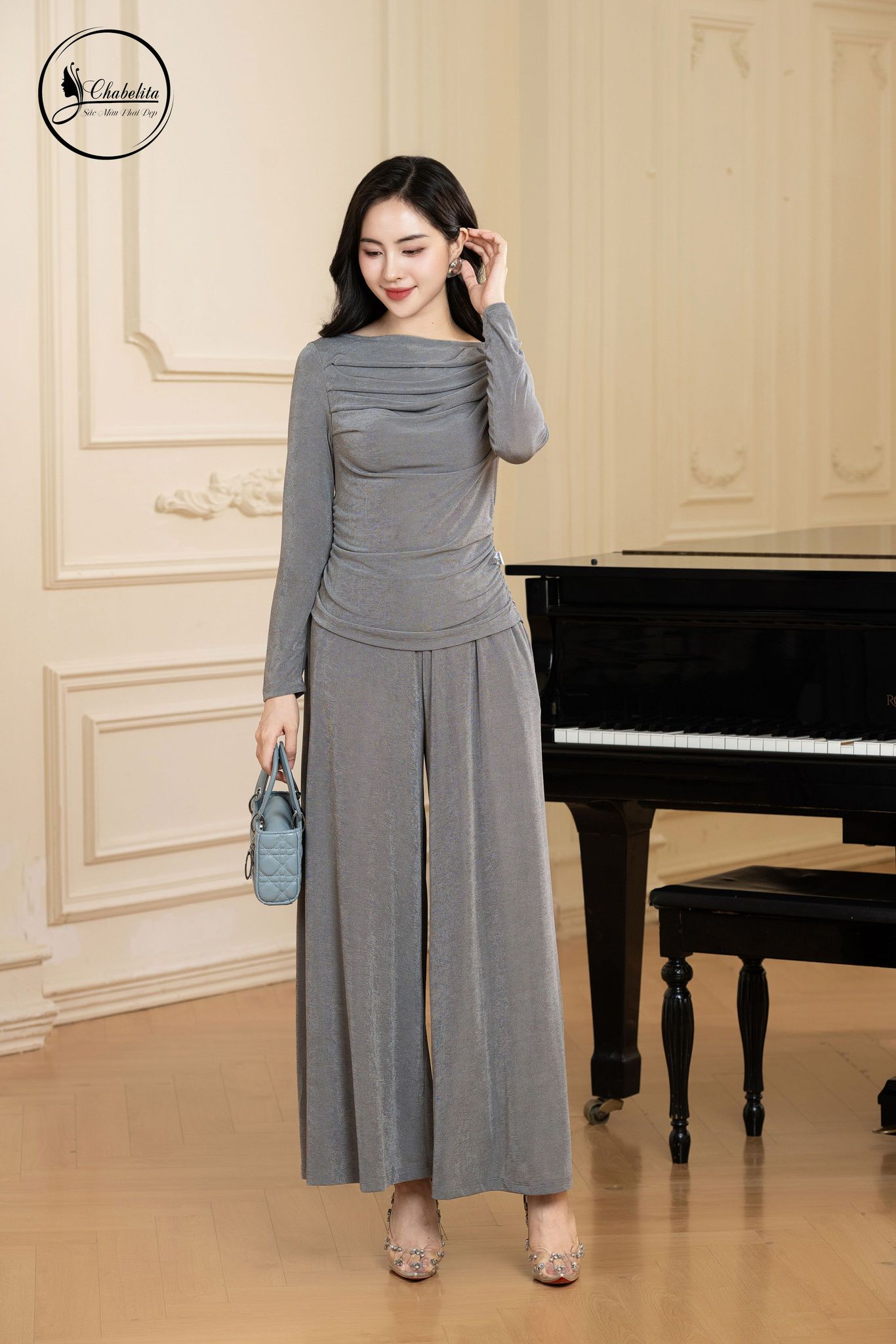 Sét bộ áo nhún eo phối quần màu ghi