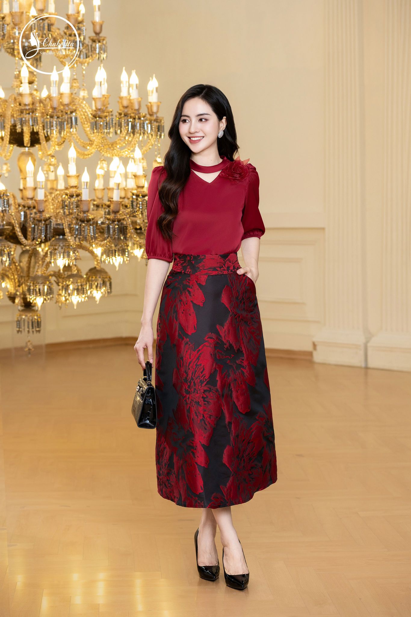 Chân váy hoa xòe dáng A màu đỏ
