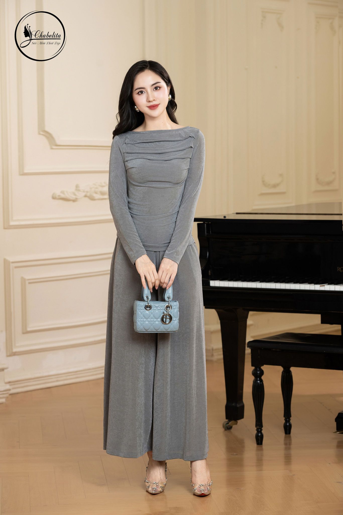 Sét bộ áo nhún eo phối quần màu ghi