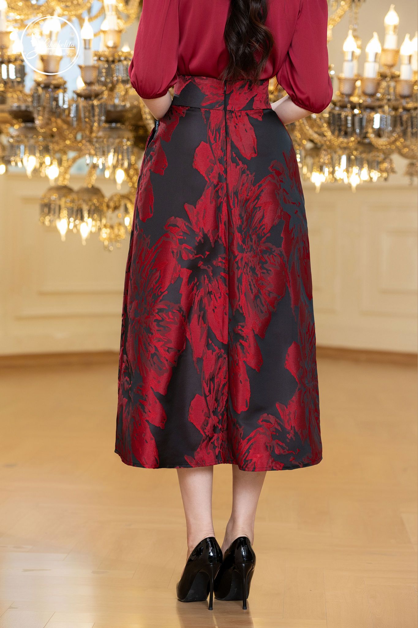 Chân váy hoa xòe dáng A màu đỏ