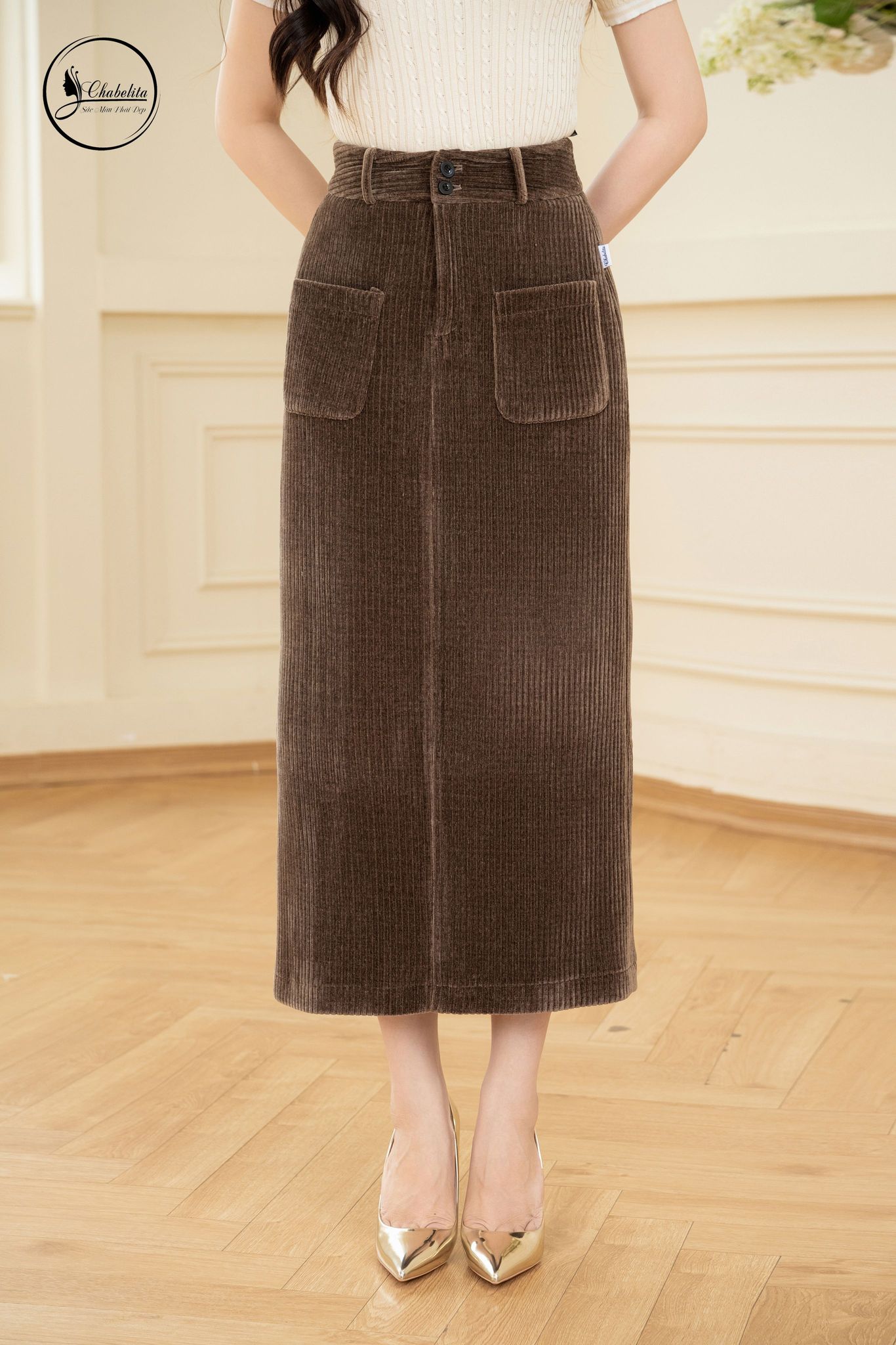 Chân váy chữ A dáng dài màu nâu