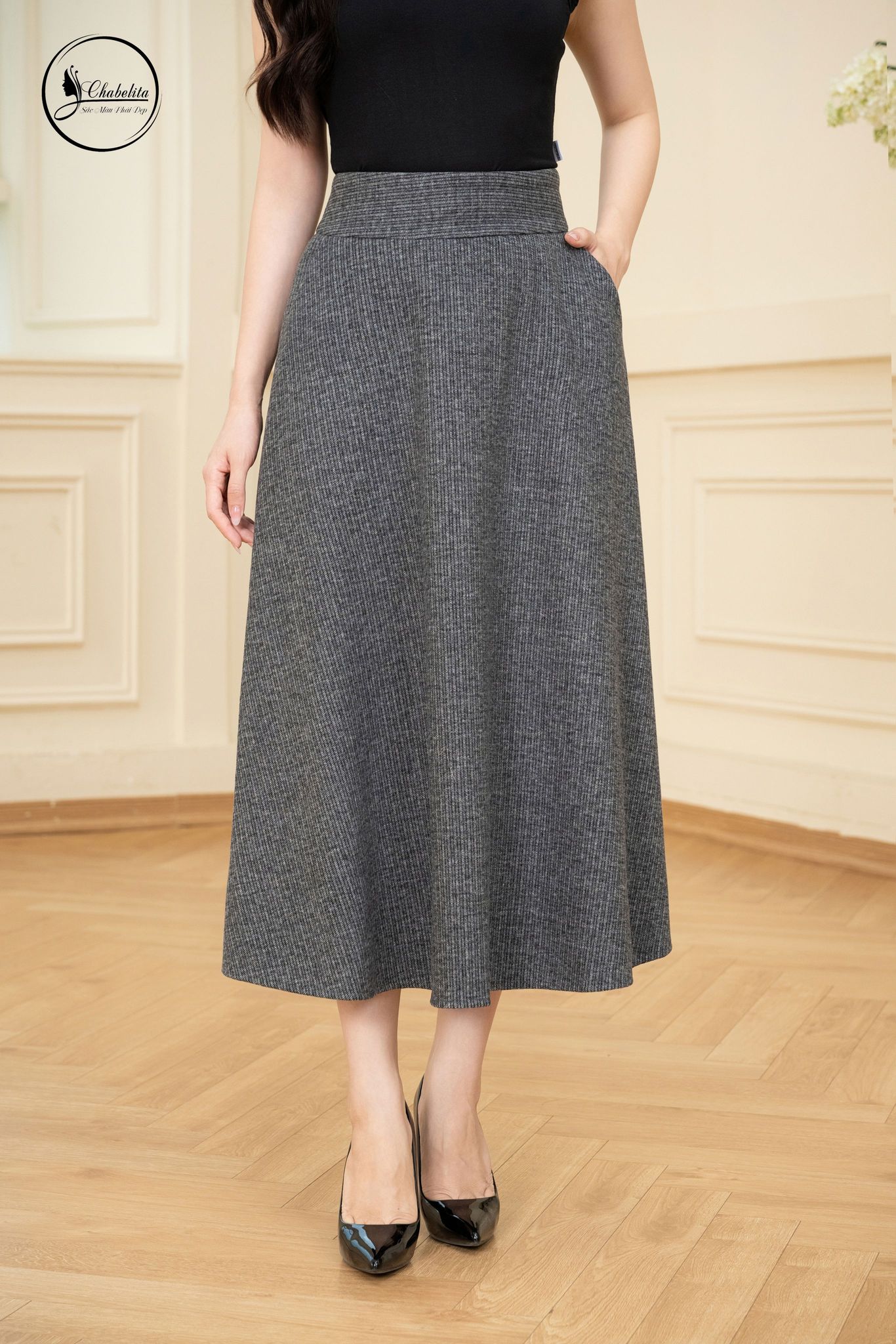 Chân váy dạ dáng A màu ghi