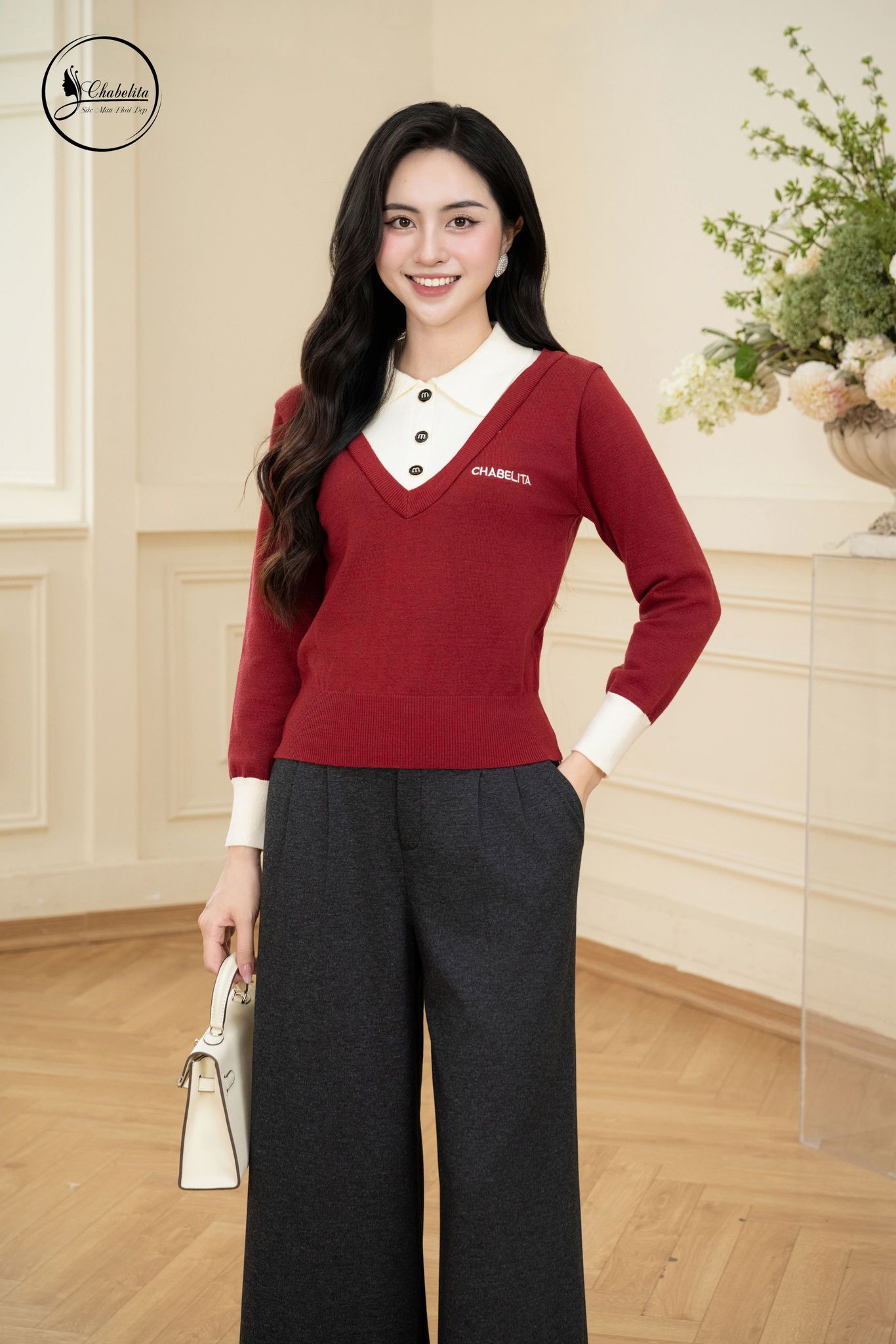 Áo len phối cổ sơ mi đính cúc màu đỏ