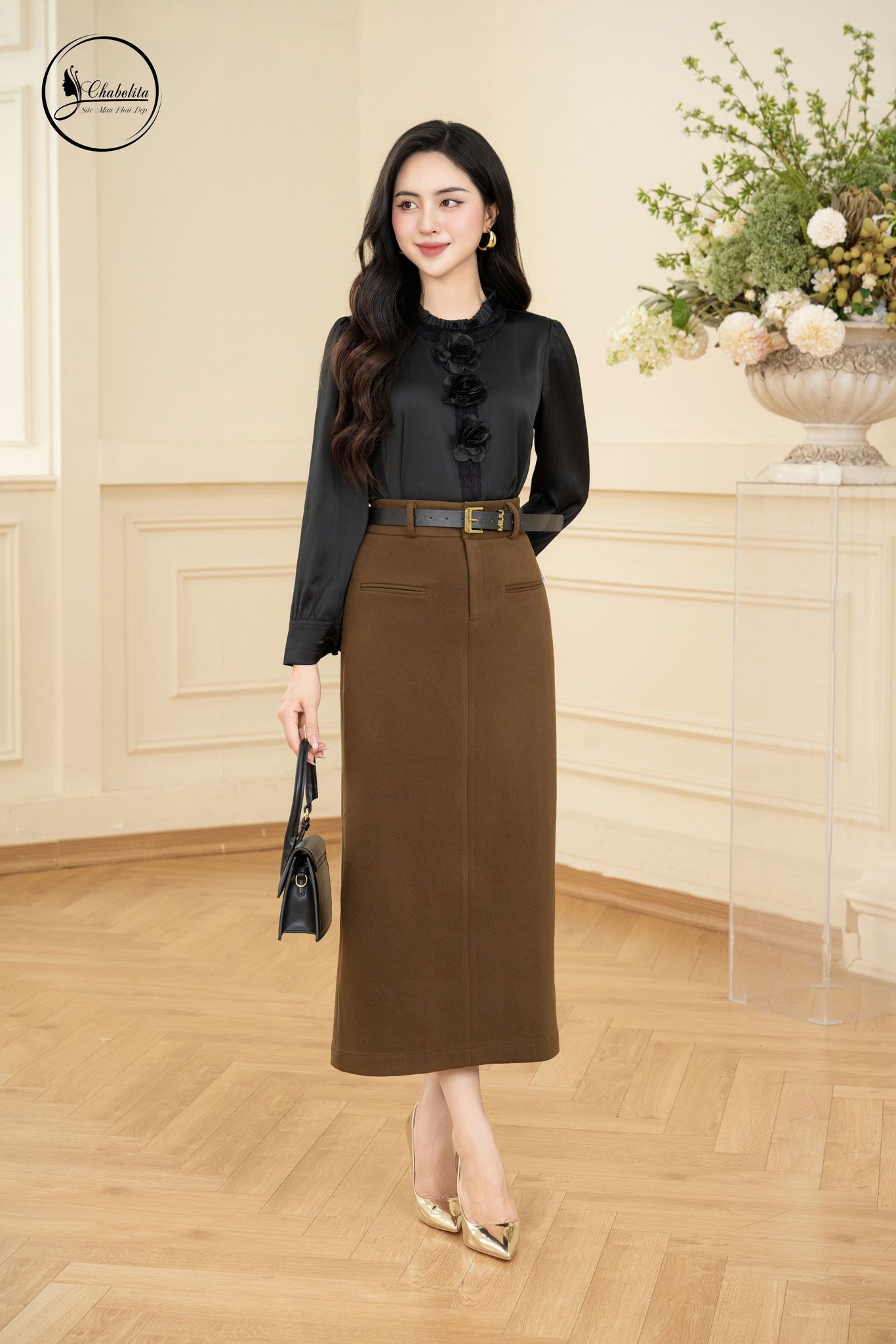 Áo sơ mi phối cổ tàu cách điệu đen