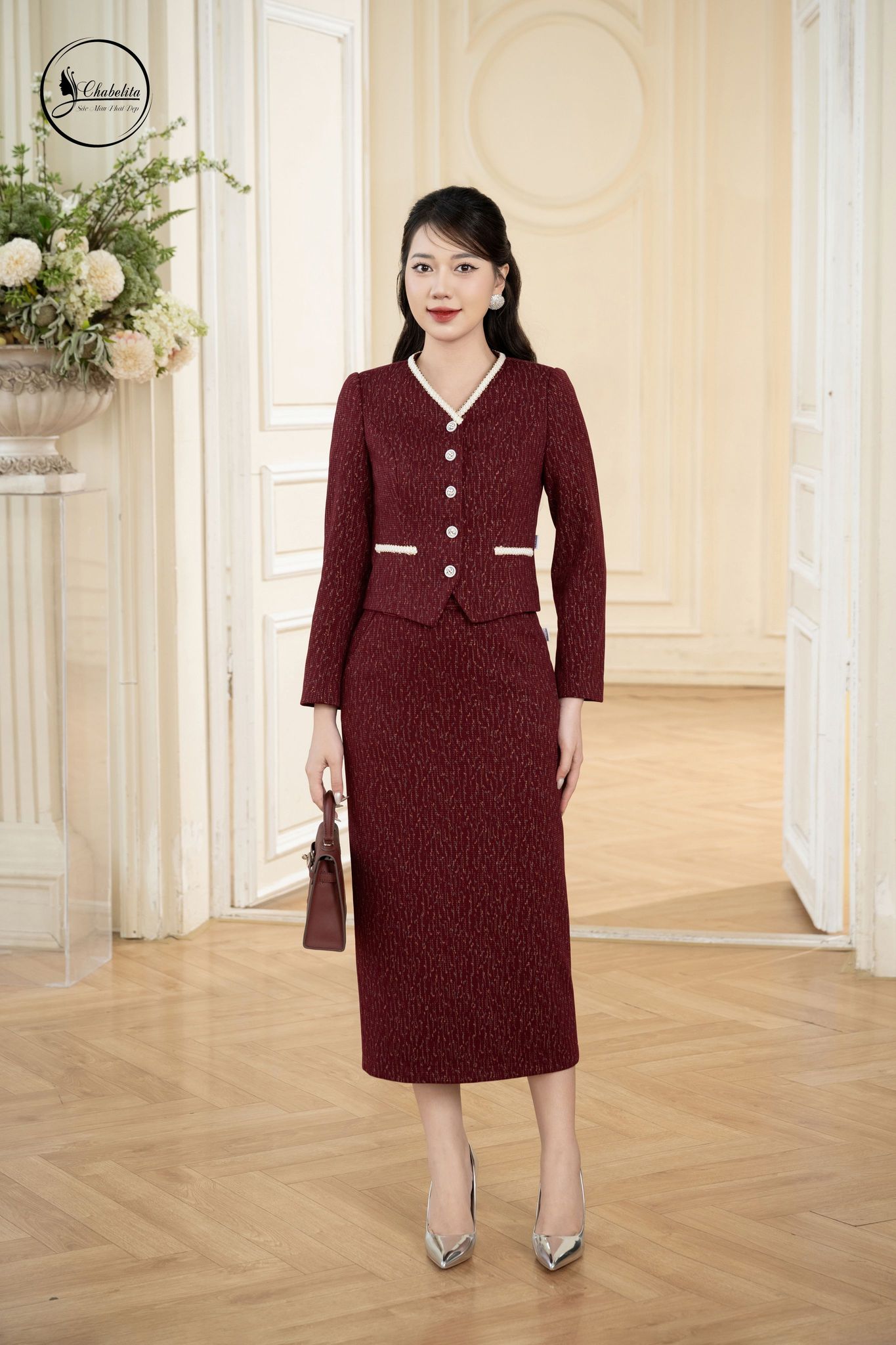 Sét bộ áo ký giả phối chân váy màu đỏ