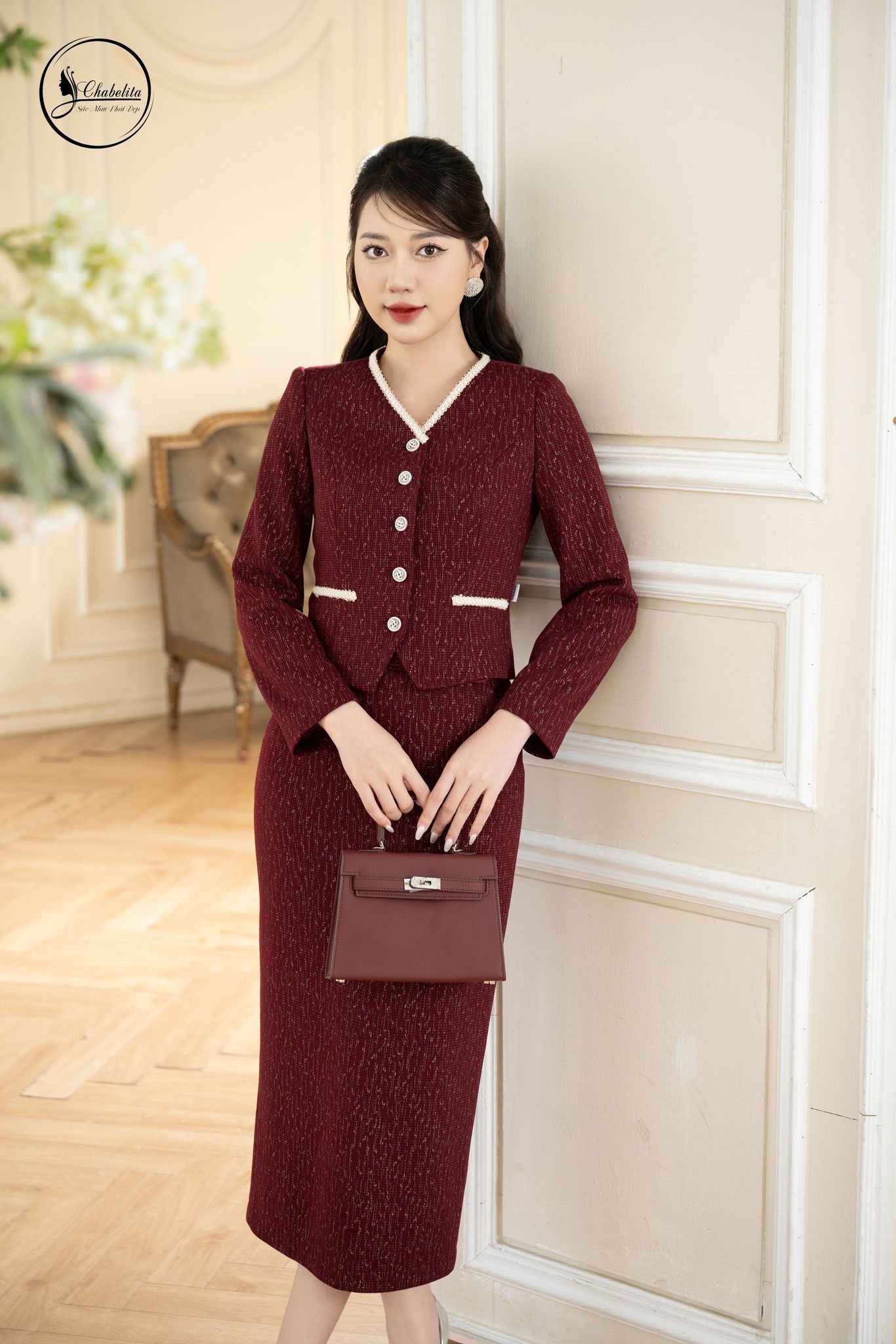 Sét bộ áo ký giả phối chân váy màu đỏ