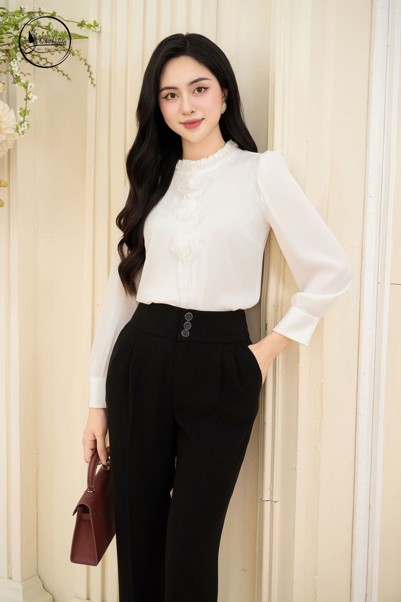 Áo sơ mi phối cổ tàu cách điệu trắng