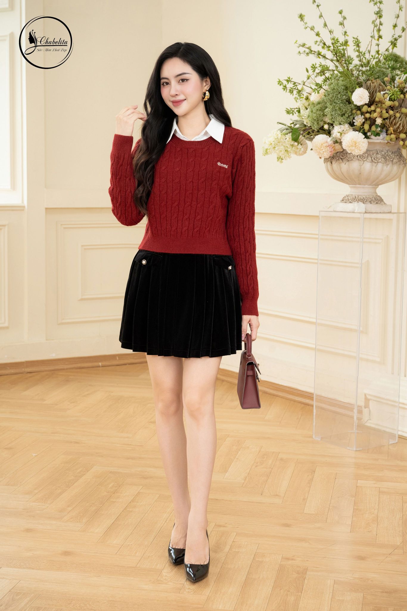 Sét áo sơ mi phối áo len màu đỏ