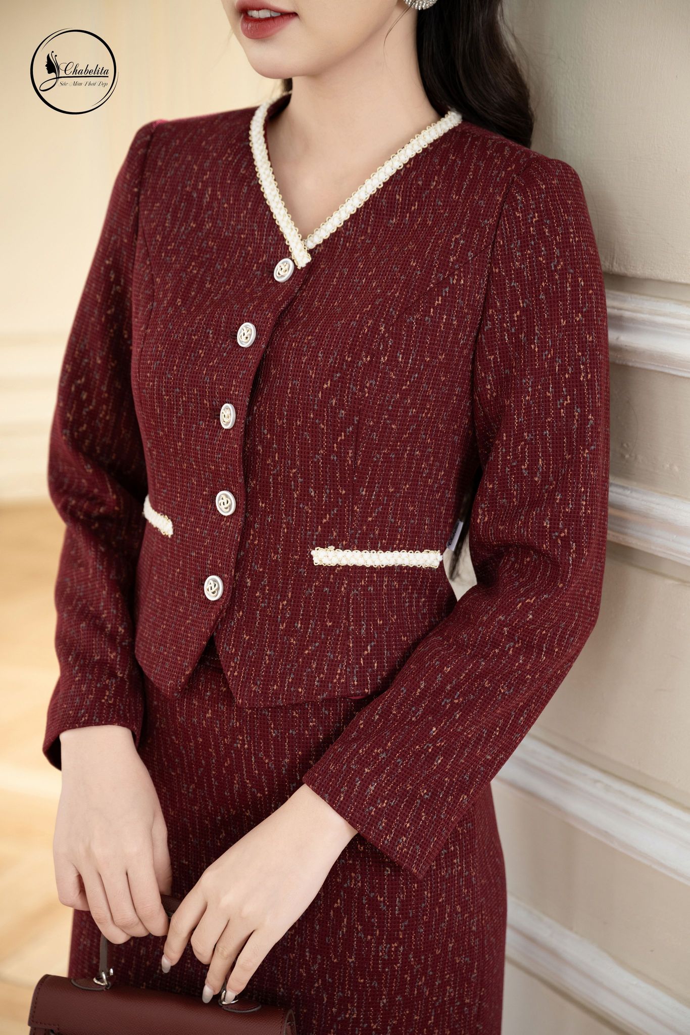 Sét bộ áo ký giả phối chân váy màu đỏ