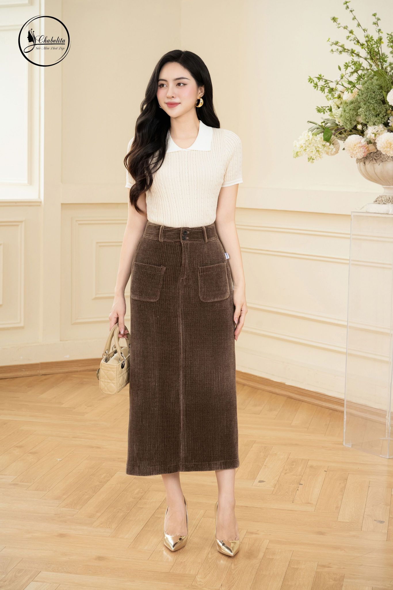 Chân váy chữ A dáng dài màu nâu