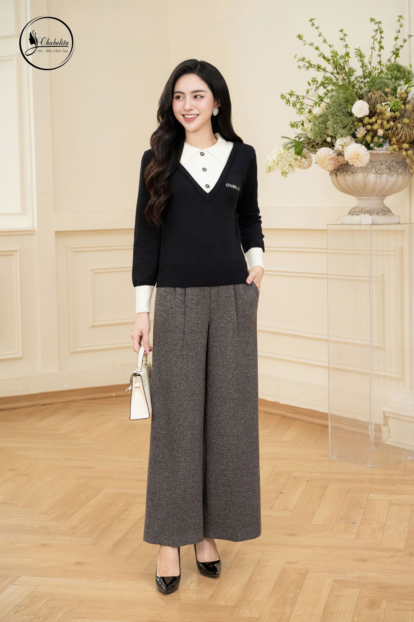 Áo len phối cổ sơ mi đính cúc màu đen