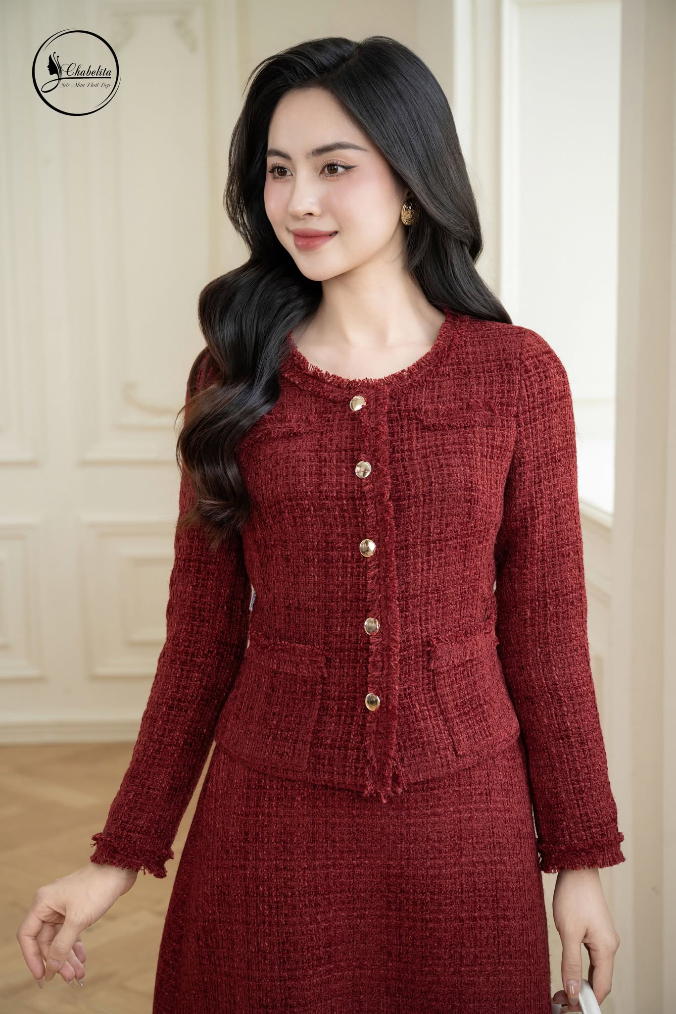 Áo vest dạ cổ tròn màu đỏ