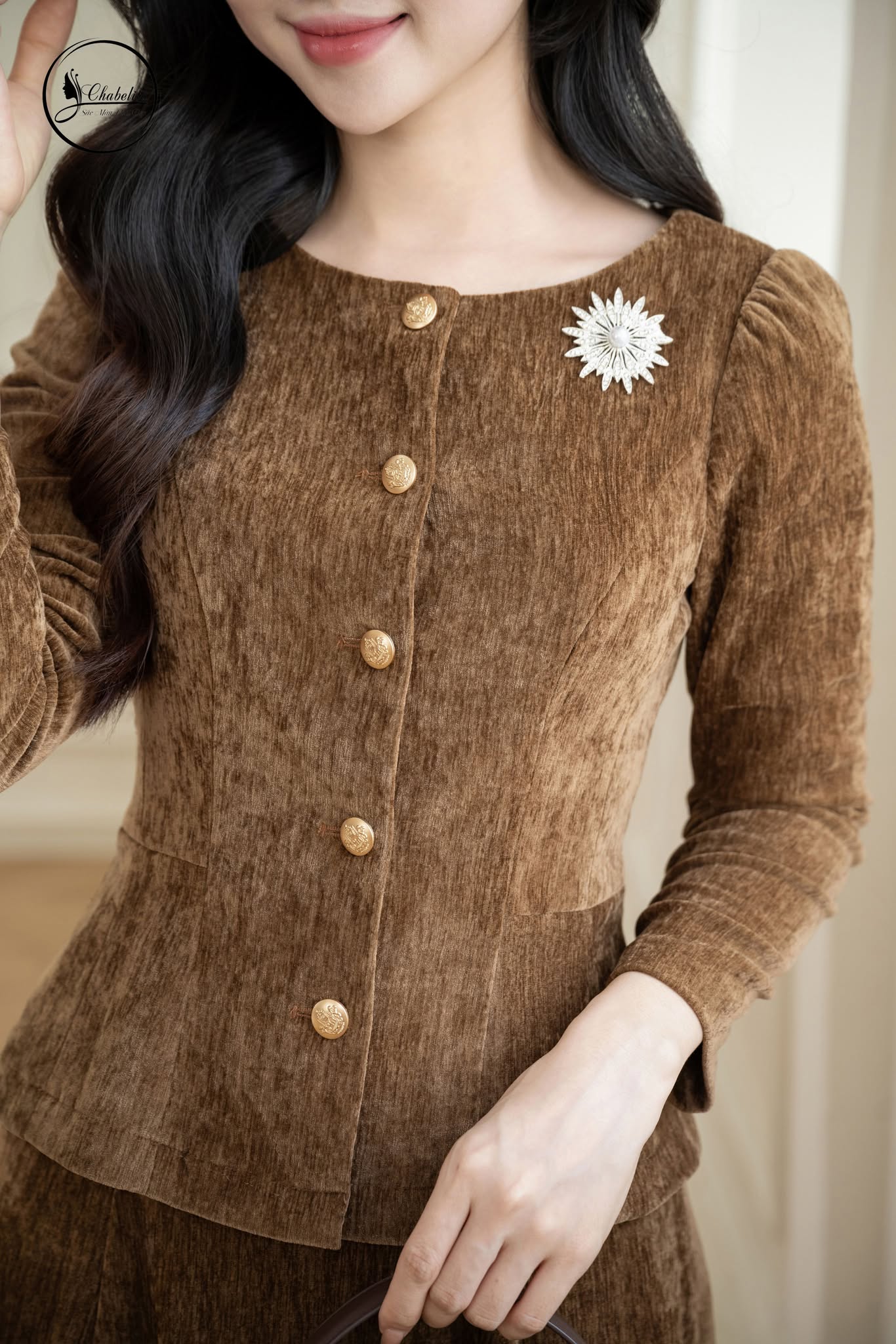 Sét bộ áo ký giả cổ tròn kèm chân váy màu nâu