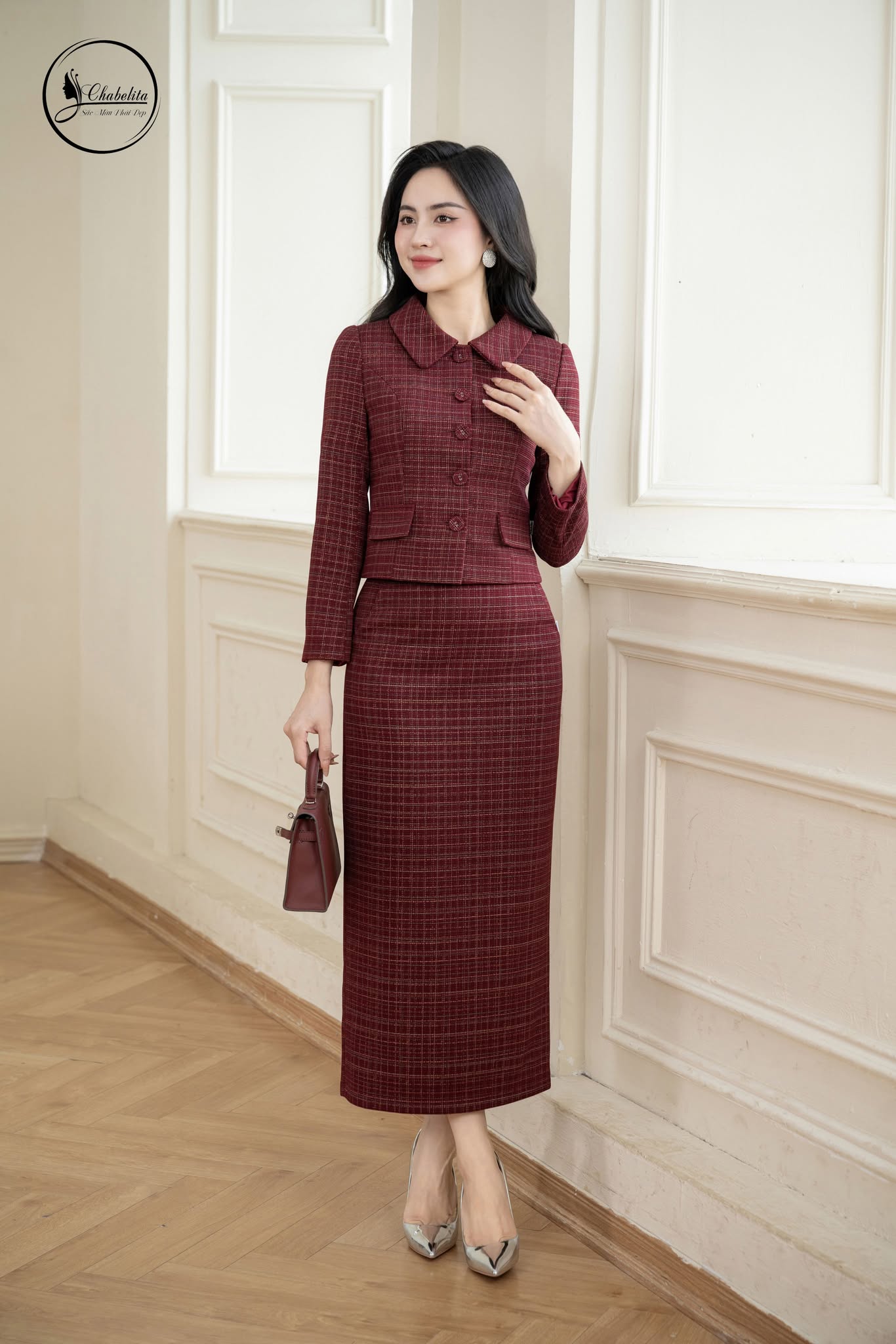 Sét bộ dạ áo ký giả kèm chân váy màu đỏ