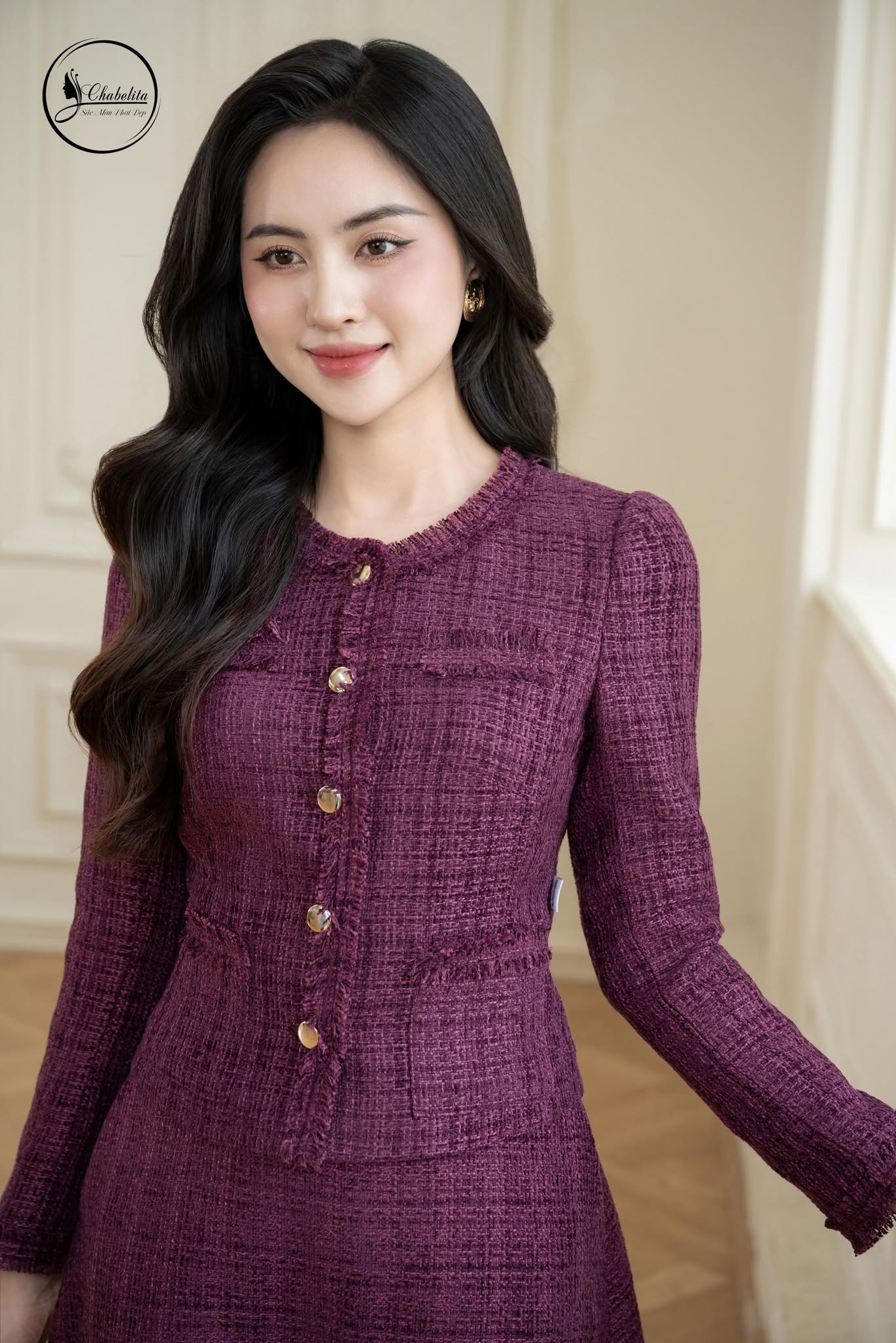 Áo vest dạ cổ tròn màu tím