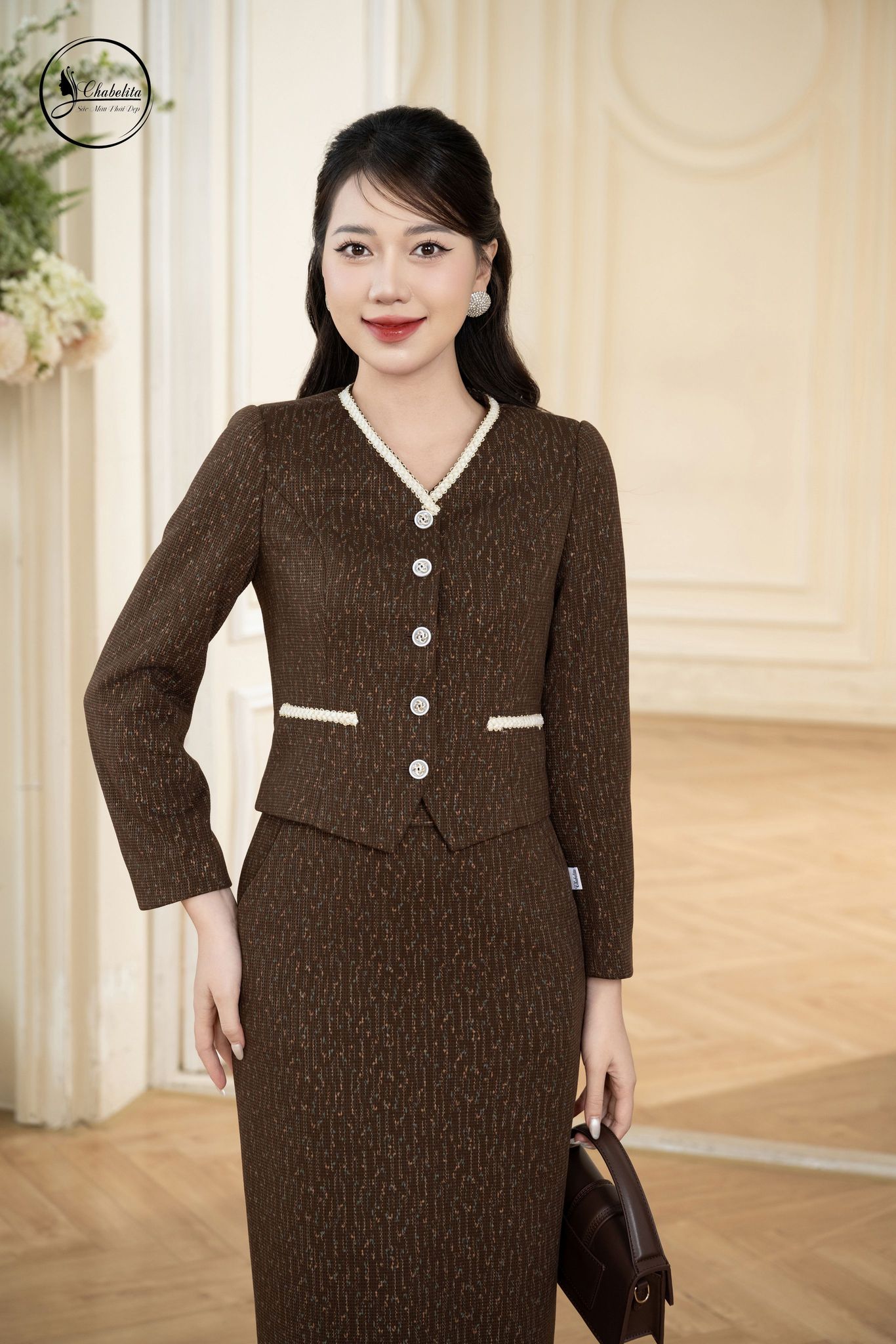Sét bộ áo ký giả phối chân váy màu nâu