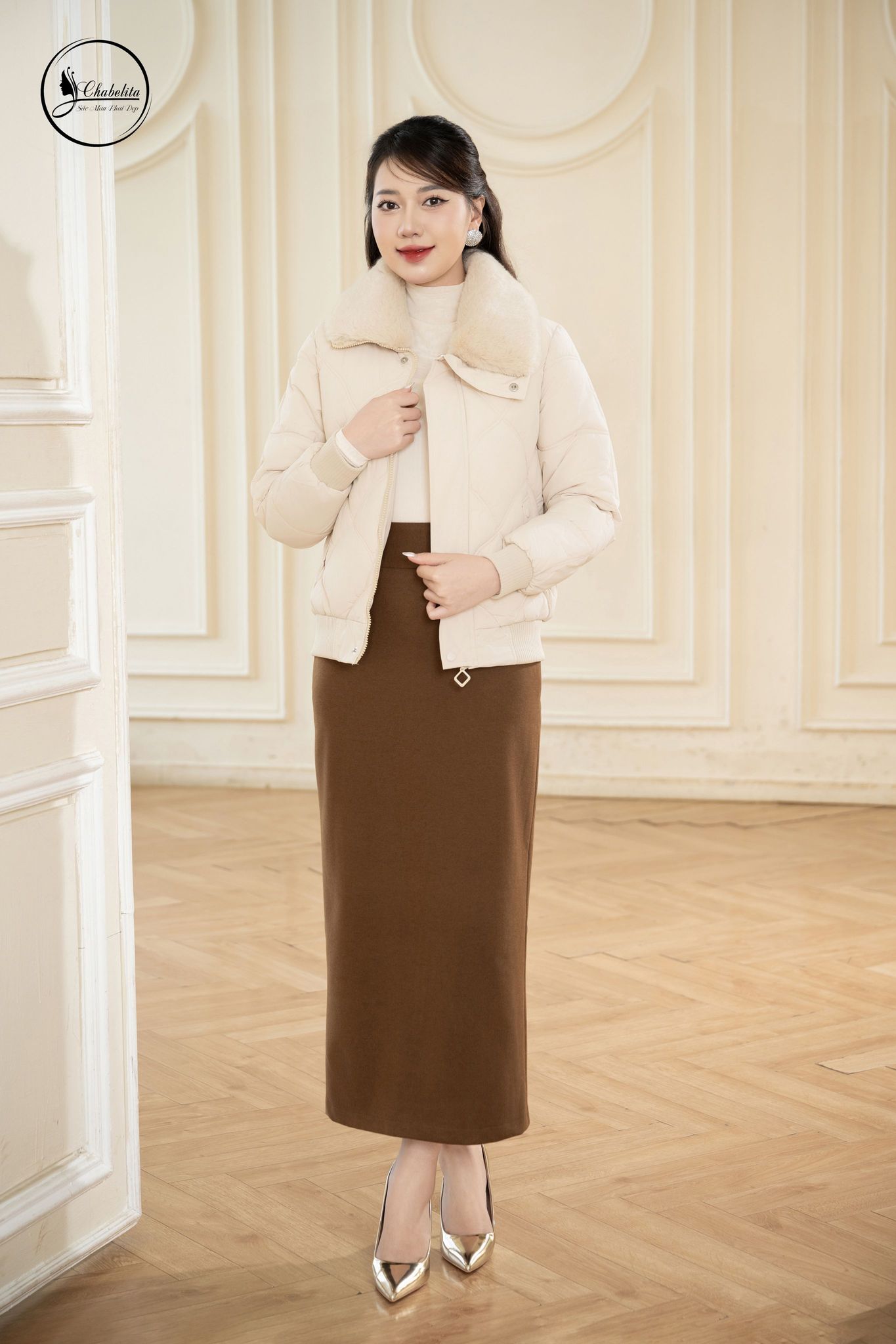 Áo phao cổ lông màu be