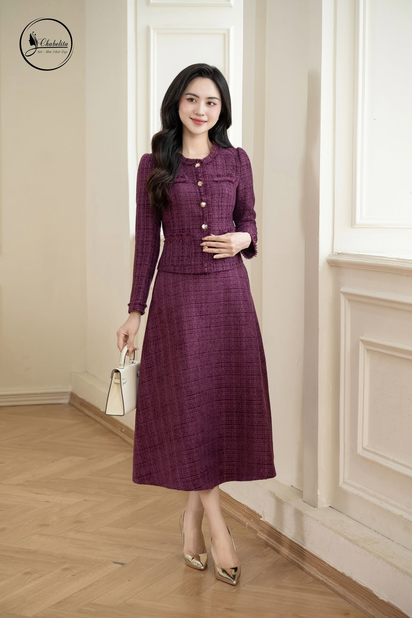 Áo vest dạ cổ tròn màu tím