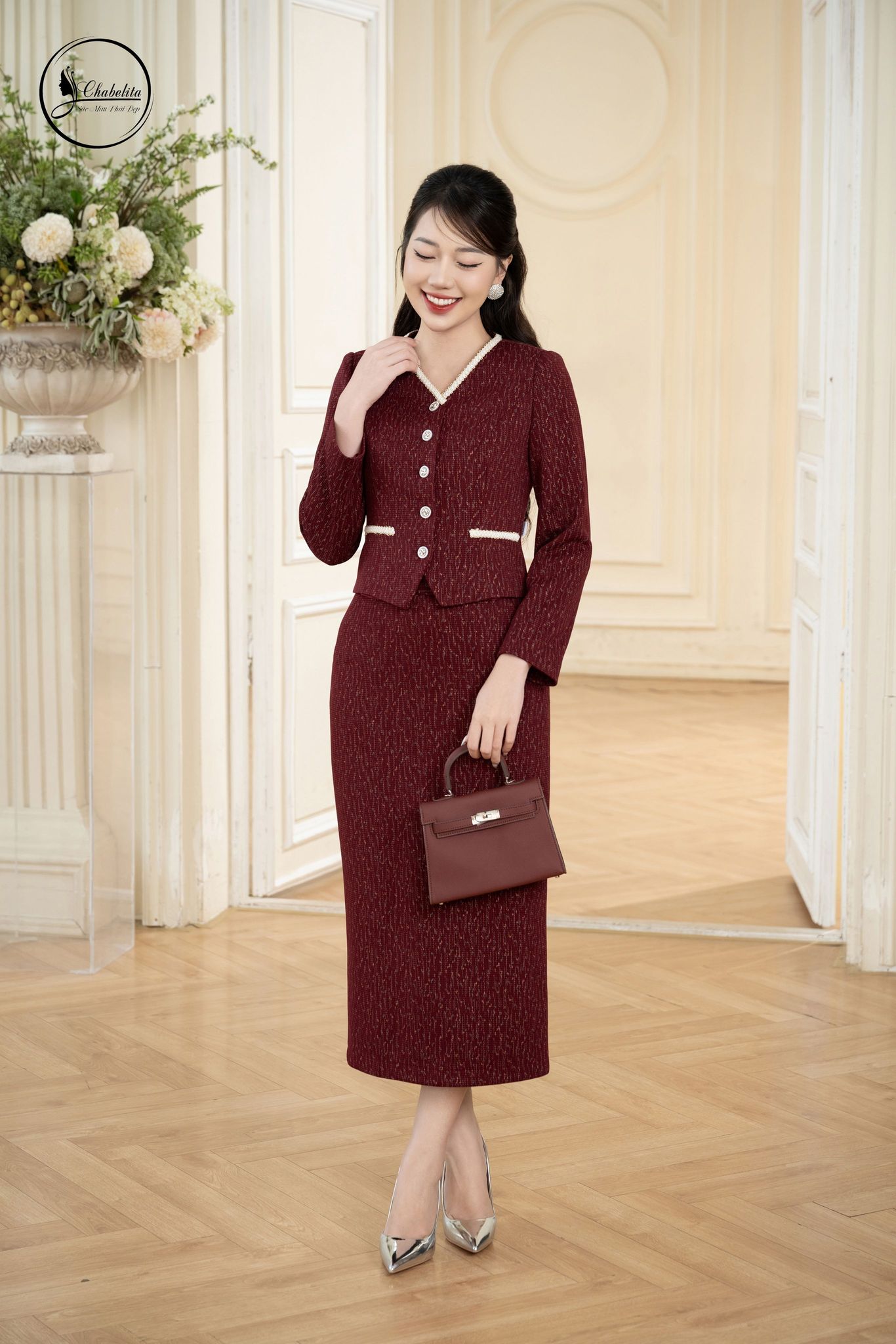 Sét bộ áo ký giả phối chân váy màu đỏ