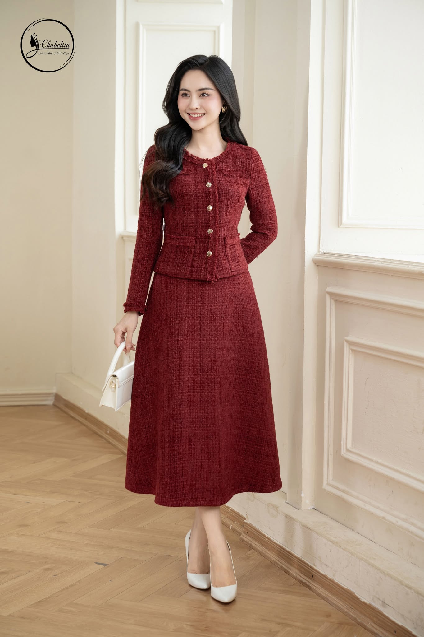 Áo vest dạ cổ tròn màu đỏ