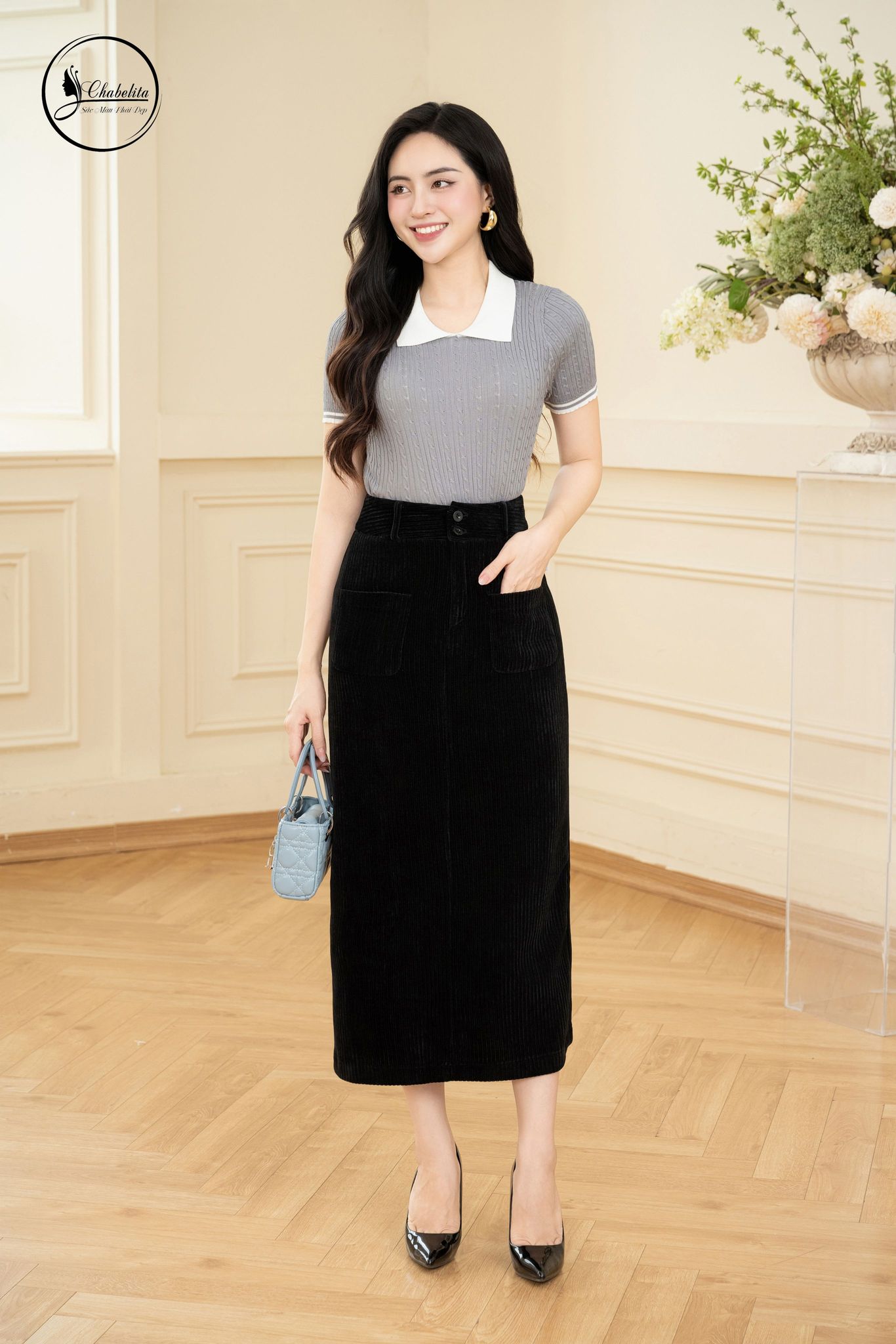 Chân váy chữ A dáng dài màu đen