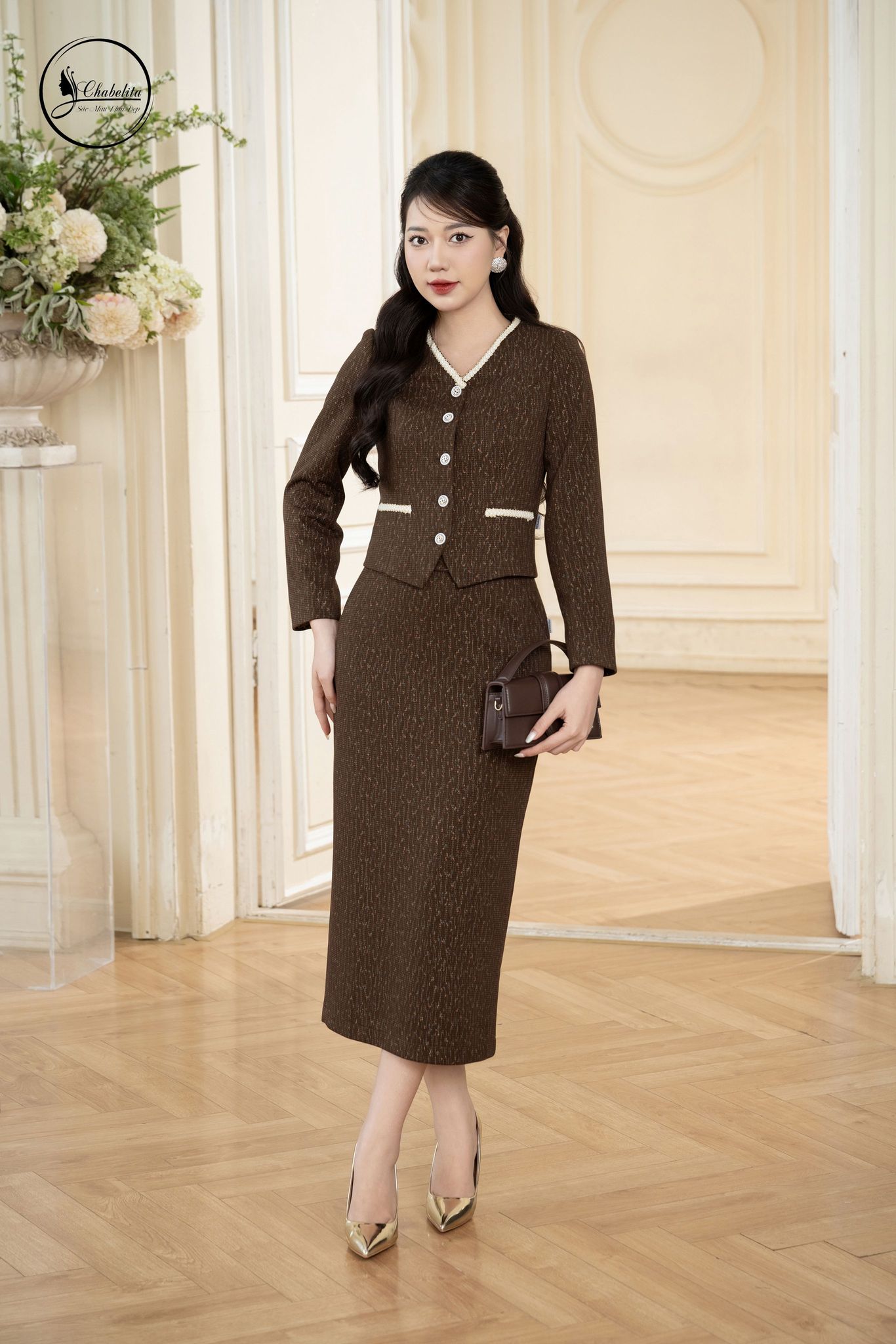 Sét bộ áo ký giả phối chân váy màu nâu