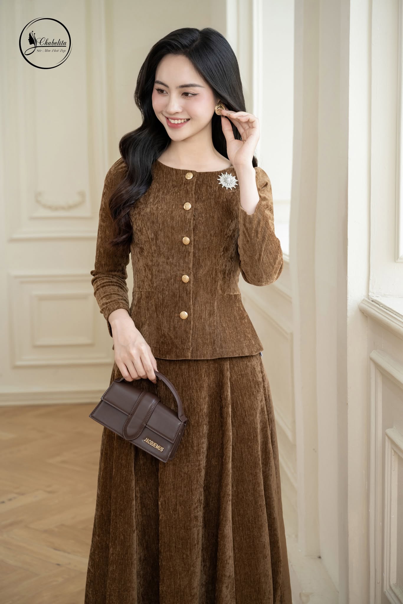 Sét bộ áo ký giả cổ tròn kèm chân váy màu nâu