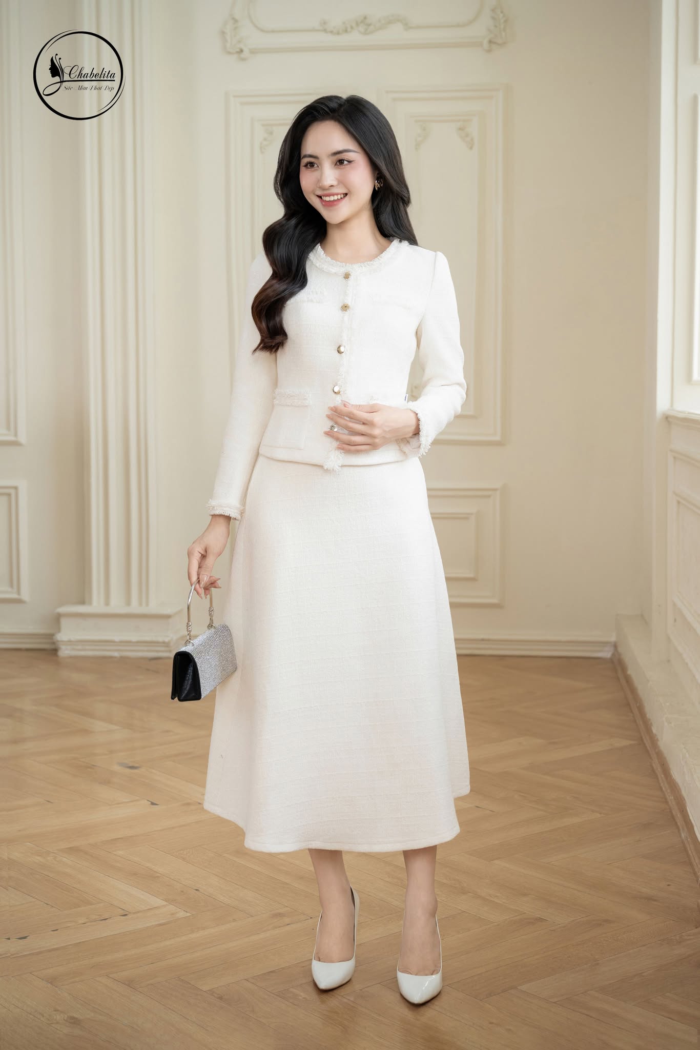 Áo vest dạ cổ tròn màu trắng