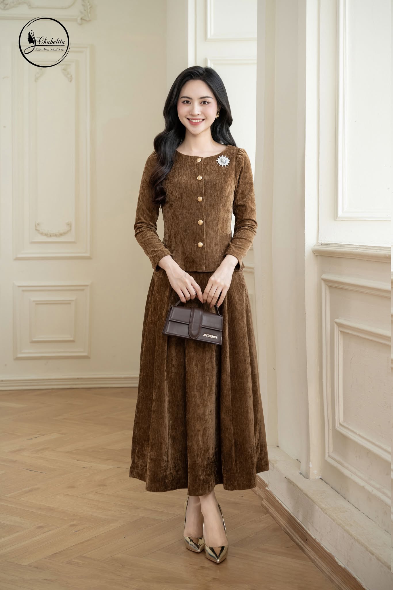 Sét bộ áo ký giả cổ tròn kèm chân váy màu nâu