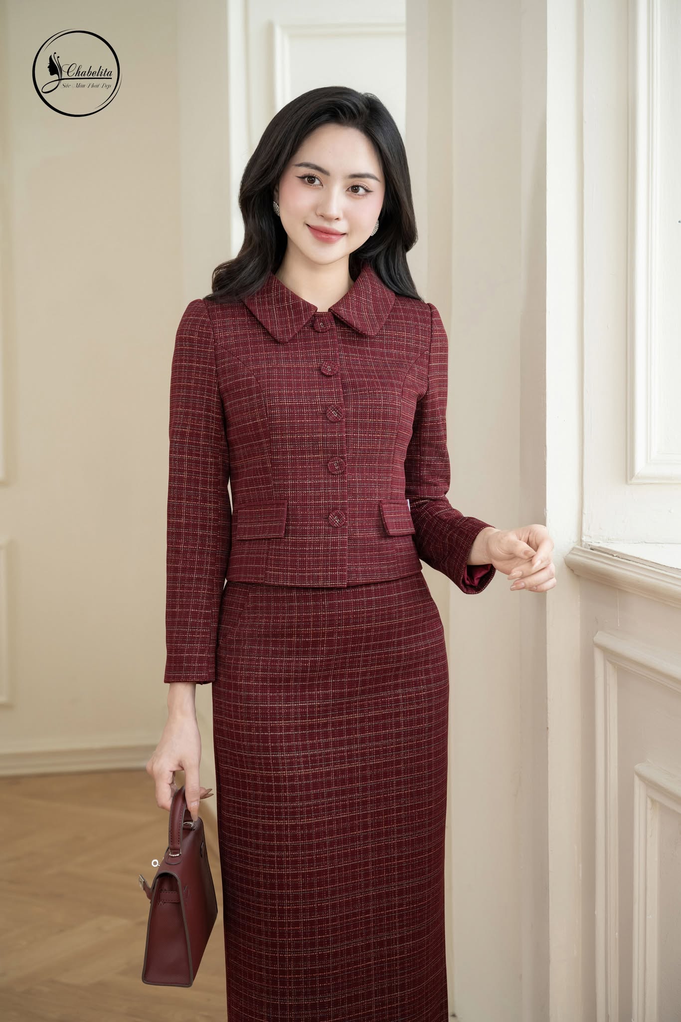 Sét bộ dạ áo ký giả kèm chân váy màu đỏ