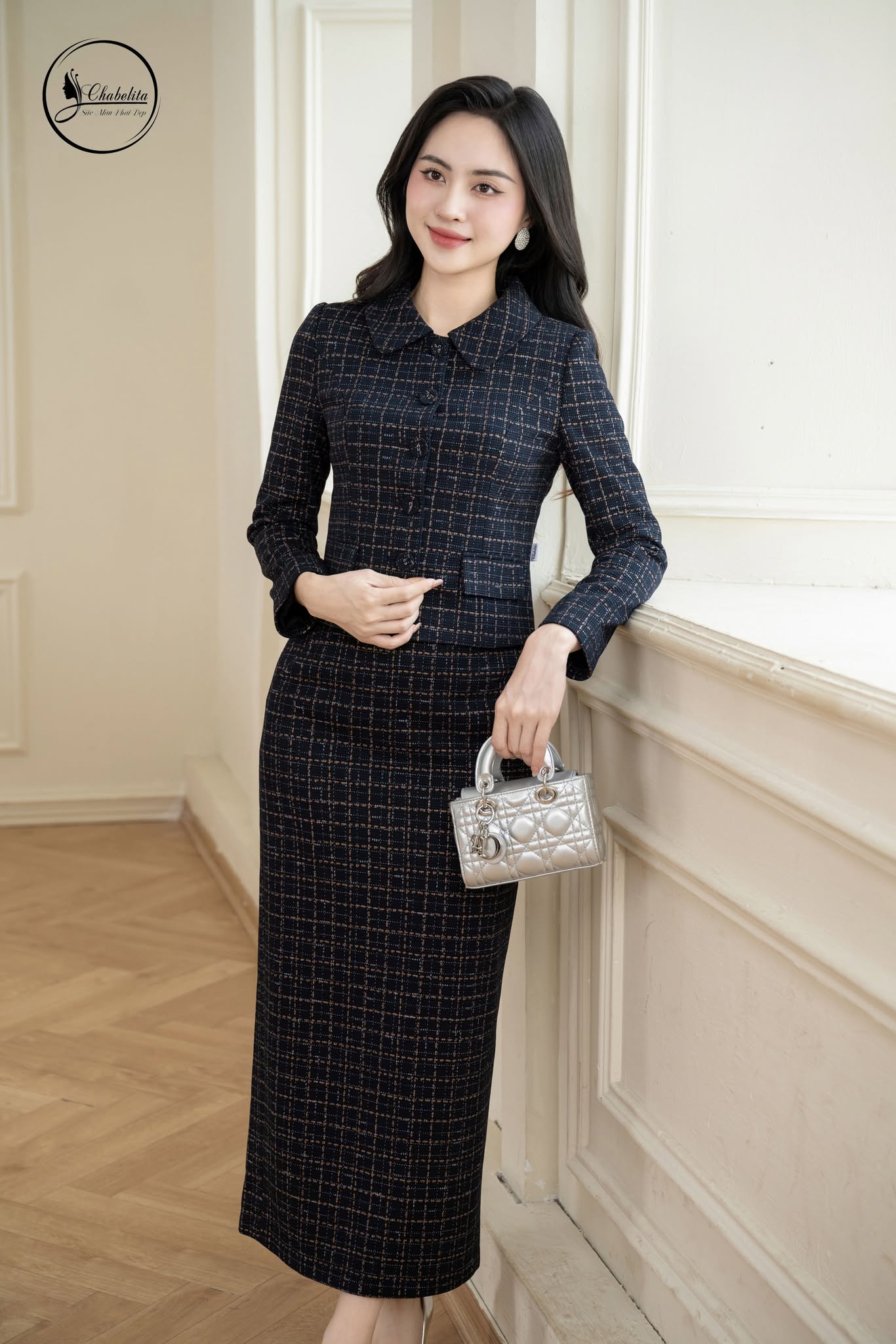 Sét bộ dạ áo ký giả kèm chân váy màu xanh