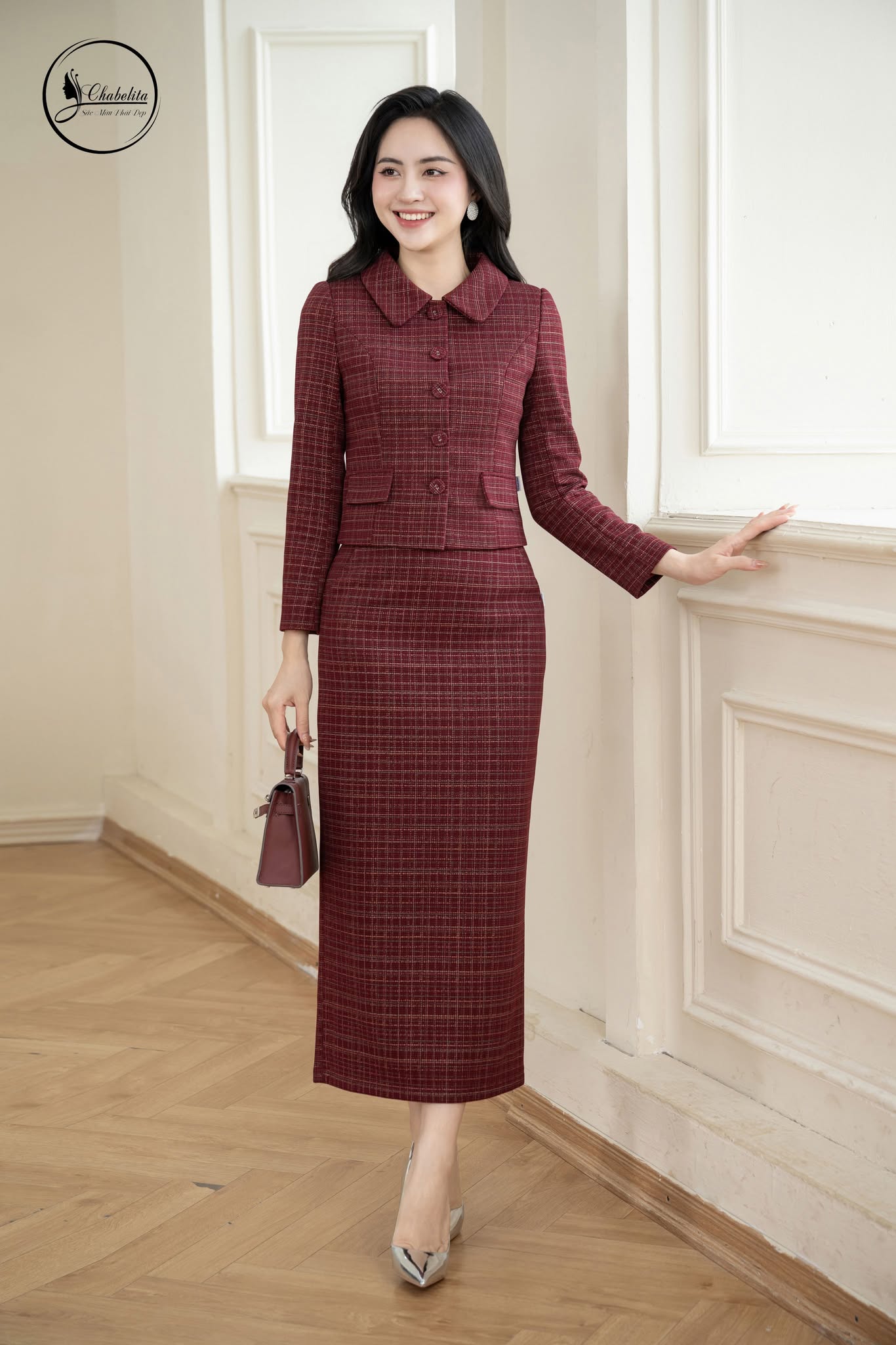 Sét bộ dạ áo ký giả kèm chân váy màu đỏ