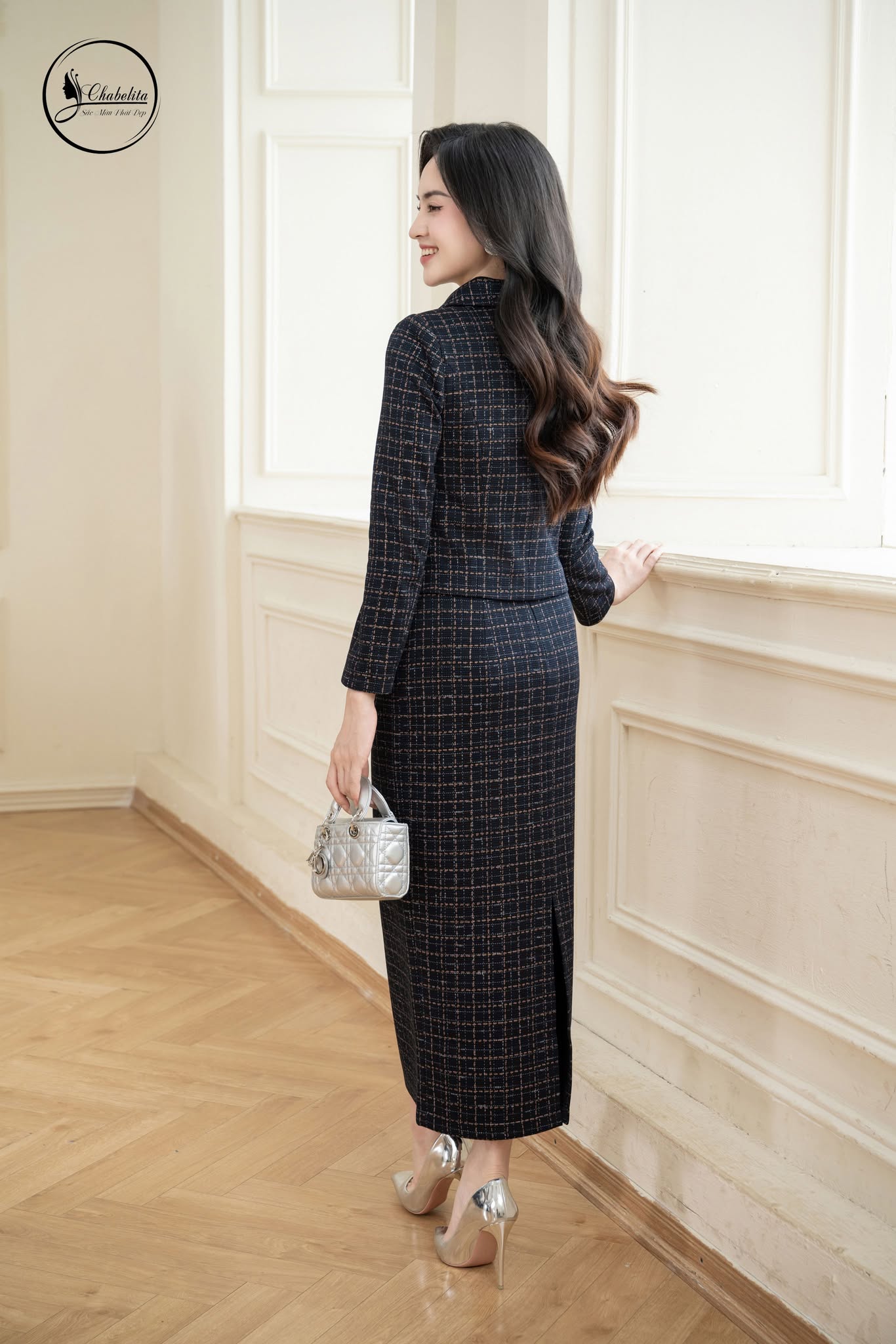 Sét bộ dạ áo ký giả kèm chân váy màu xanh