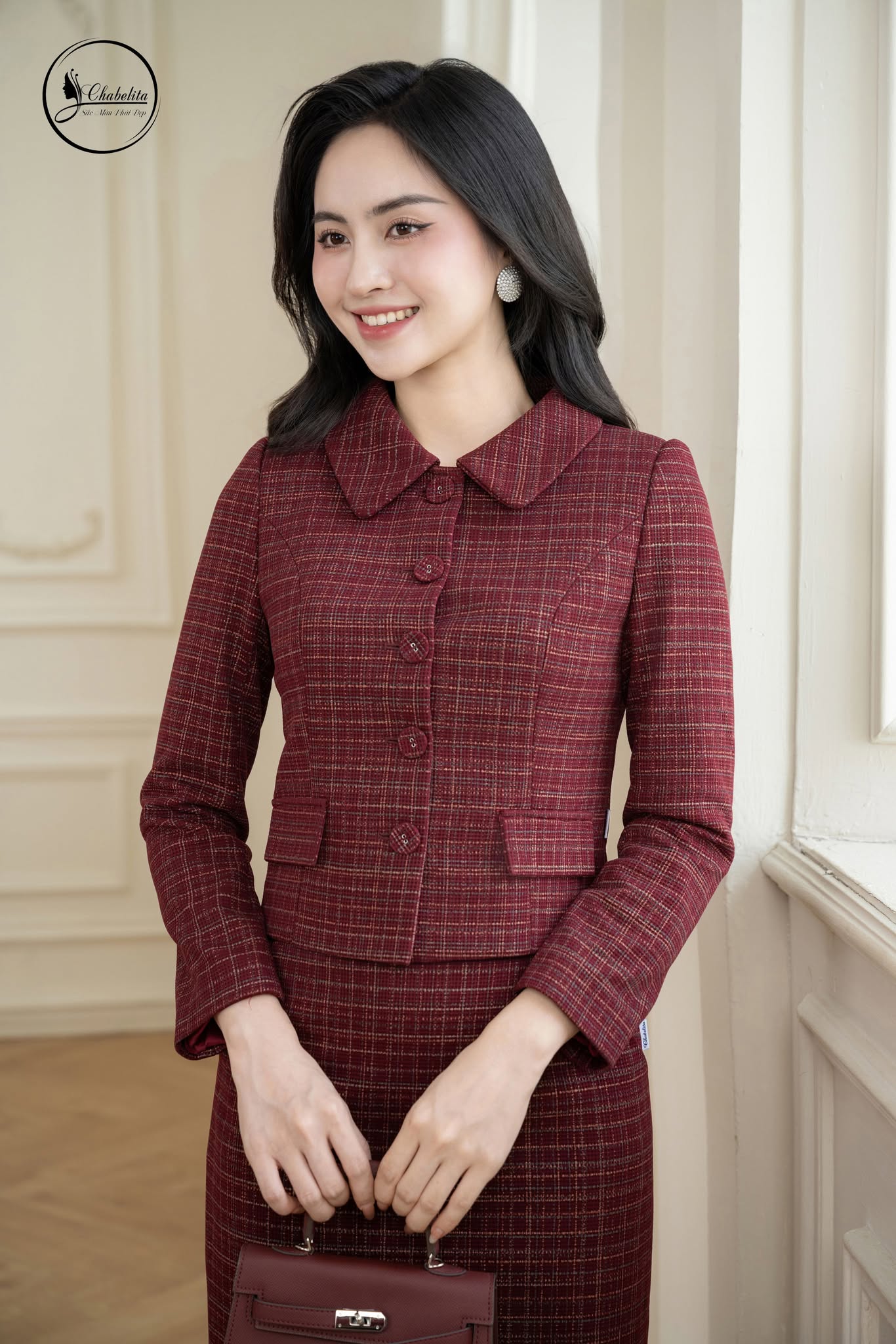 Sét bộ dạ áo ký giả kèm chân váy màu đỏ