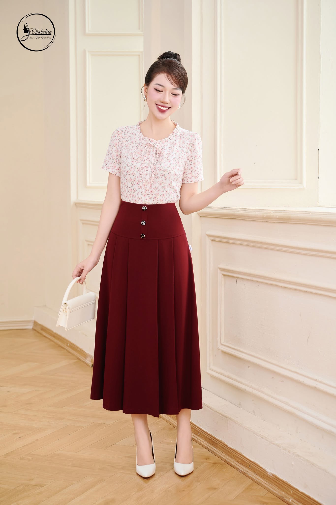 Áo sơ mi hoa cổ bèo màu hồng