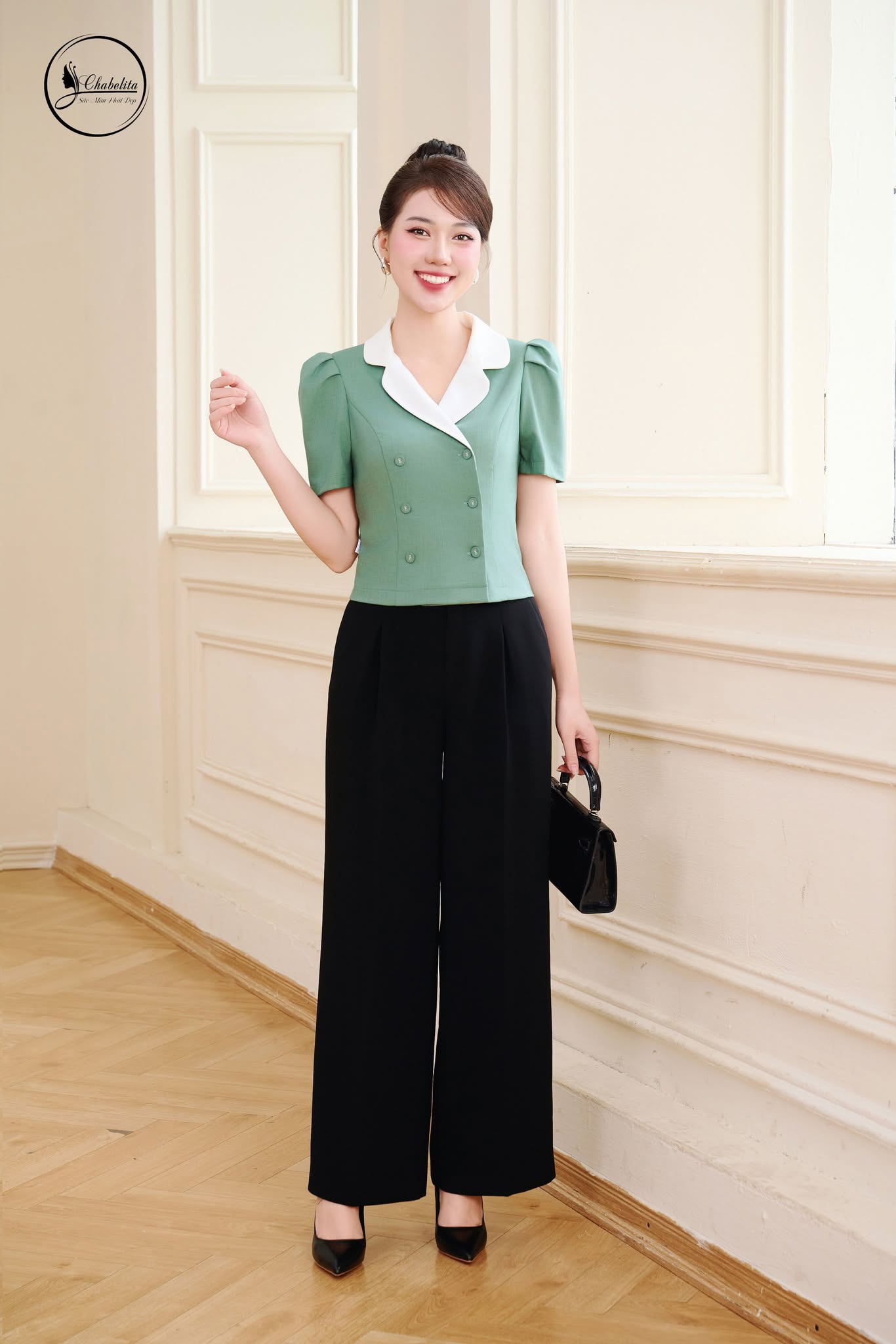 Áo phối cổ màu xanh